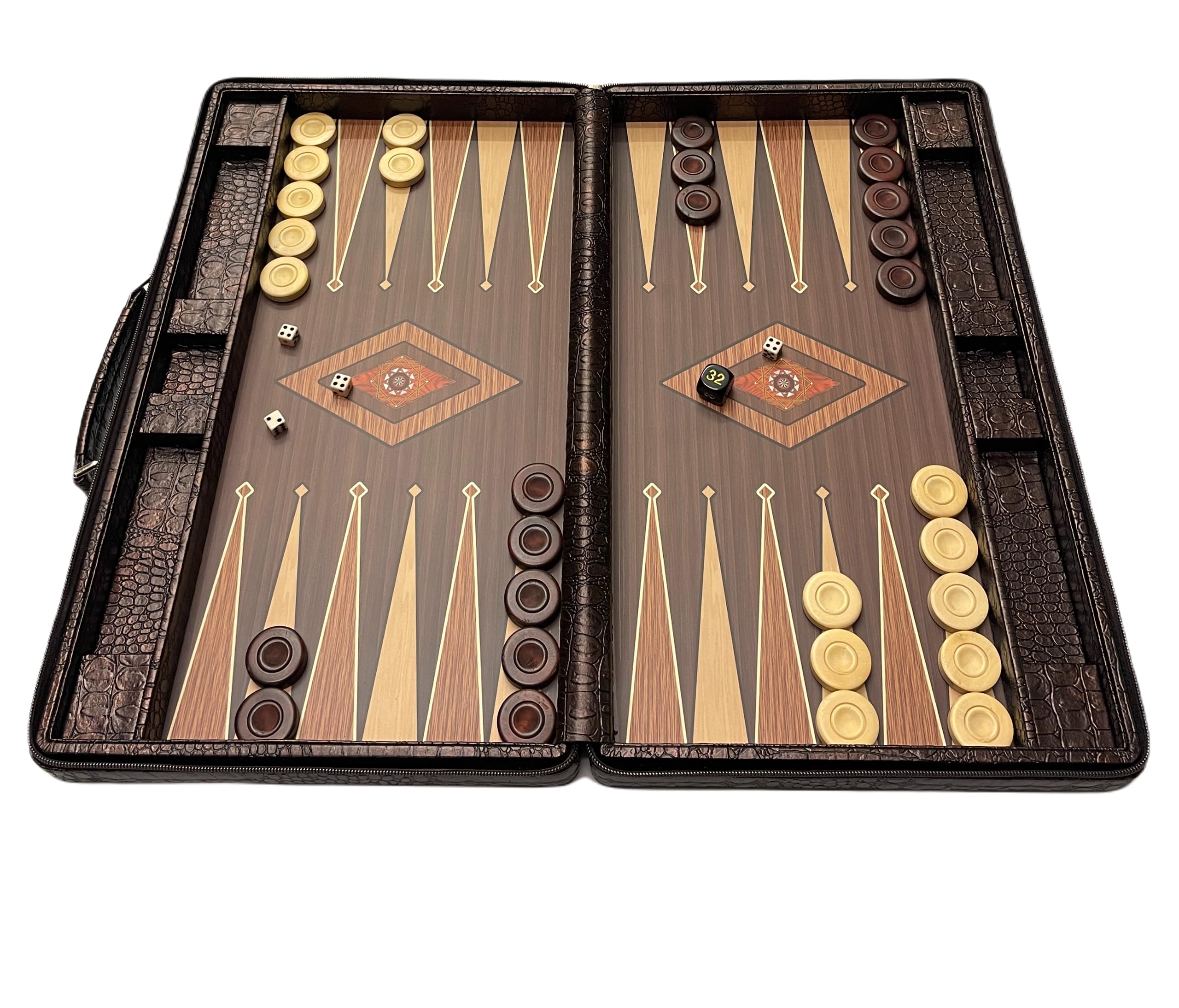 Set Backgammon Voyage En Cuir PU - Plateau 15 Pouces, 32 Pions, Dés, Gobelets - Jeu De Société Stratégie