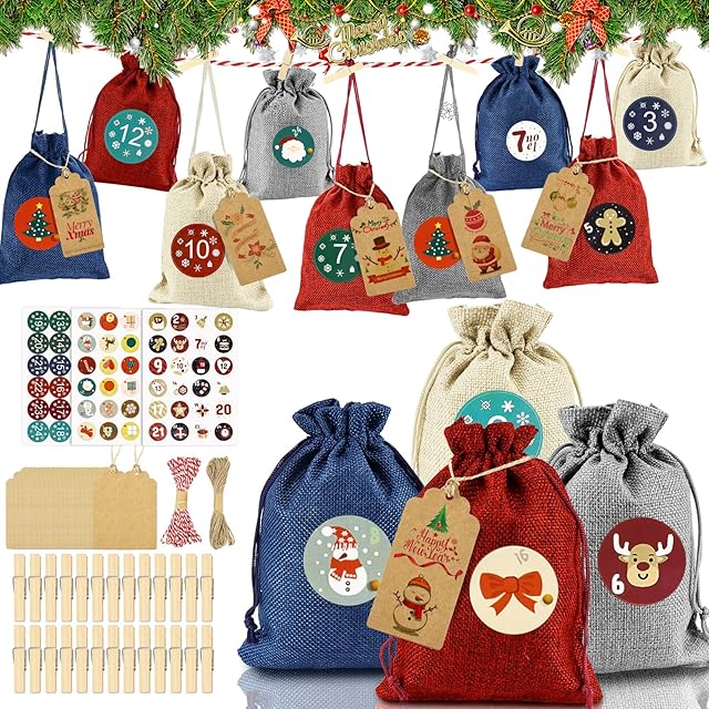 Hysagtek Christmas Advent Calendar Bags, Large Size 24 Days Calendar Burlap Bags for Kids, Xmas Countdown Calendar Fabric Bag with Drawstring/ Number Stickers/ Wooden Clips/ Paper Cards