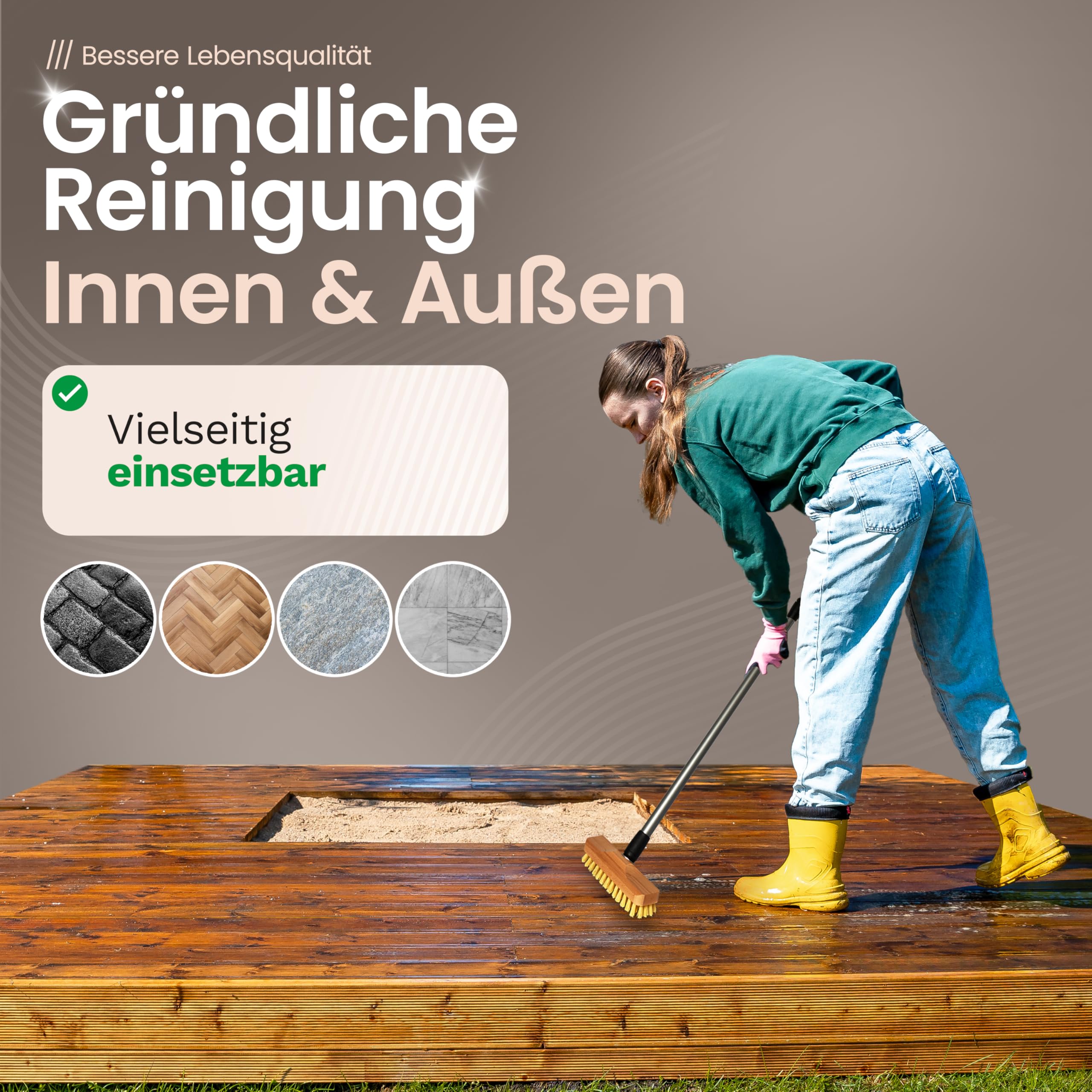Brosse à Récurer en Bois Avec Poils | Essuie-Glace Avec Filetage et Manche Télescopique | PPN | de Sol | Idéal Pour Nettoyer Balcon, Terrasse, Jardin, Intérieur