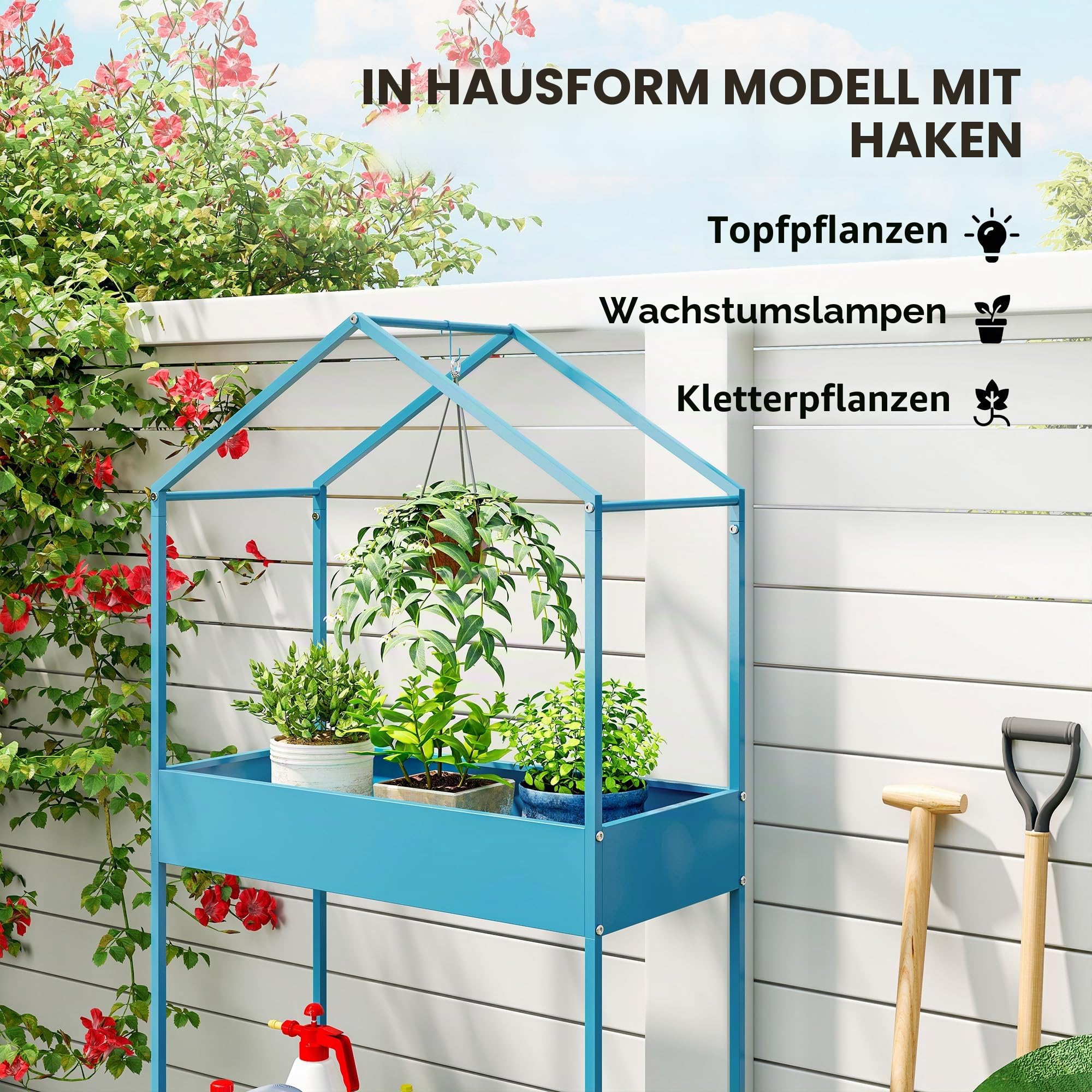 Outsunny Pflanzenregal mit 2 Ebenen, Pflanzenhalter aus Metall mit Haken, Pflanzenhalter in Form eines Hauses für Garten, Terrasse, Balkon, Wohnzimmer, blau-grün