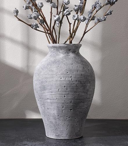 Ceramic Flower Vase Home Decor, 9 in Farmhouse Table Vases Rustic Vintage Living Room Kitchen Bedroom Pottery Decorative Vases for Flowers House Book Shelf Office Coffee Desk Dining Entryway, Grey