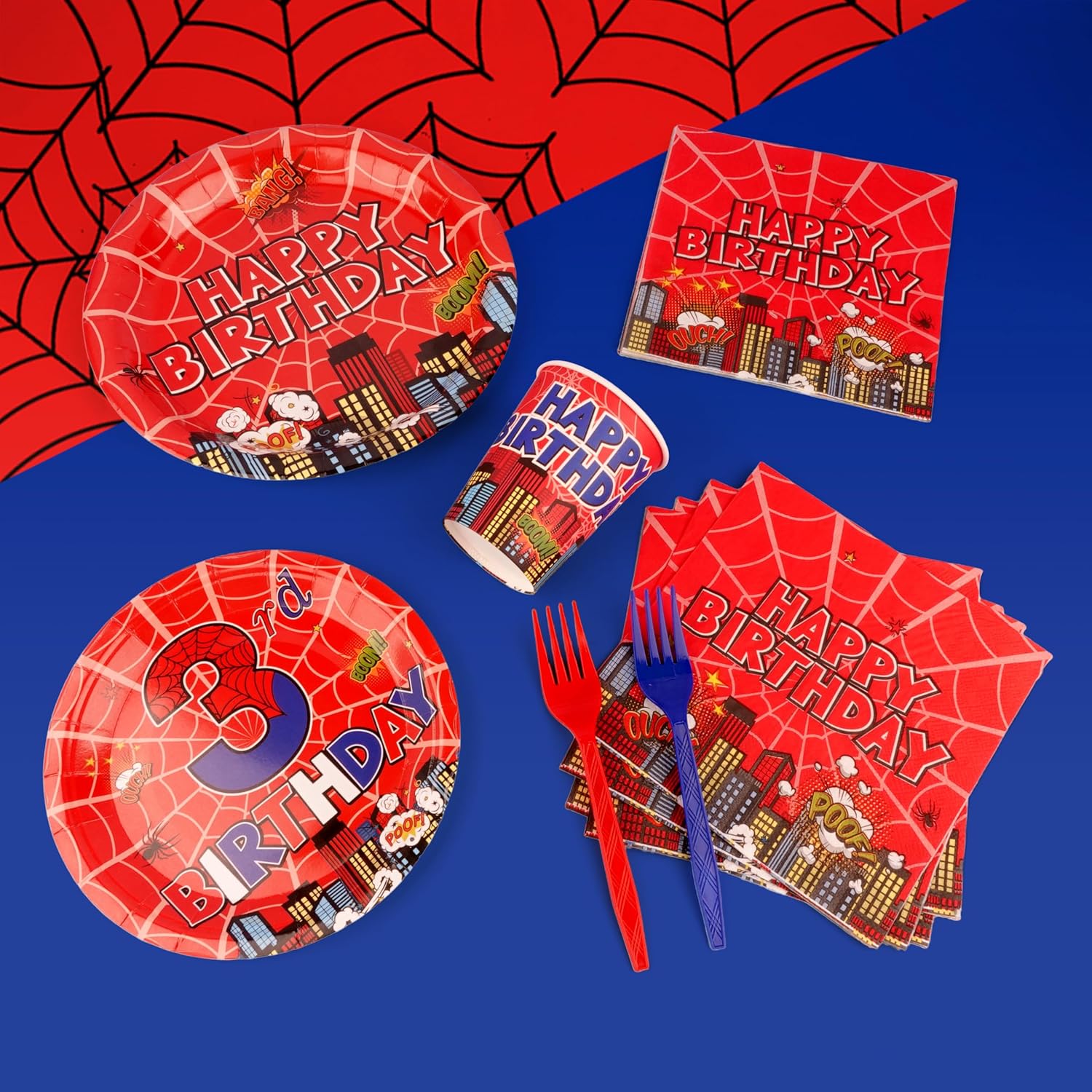 FRIENDISU Spider 3rd Birthday Decorations for Boys, 204 Pcs Super Hero Party Supplies Serves 24, Swinging Into 3 Birthday Banner, Red and Blue Web Hero Plates Napkins Cups Tablecloth Cake Toppers Set