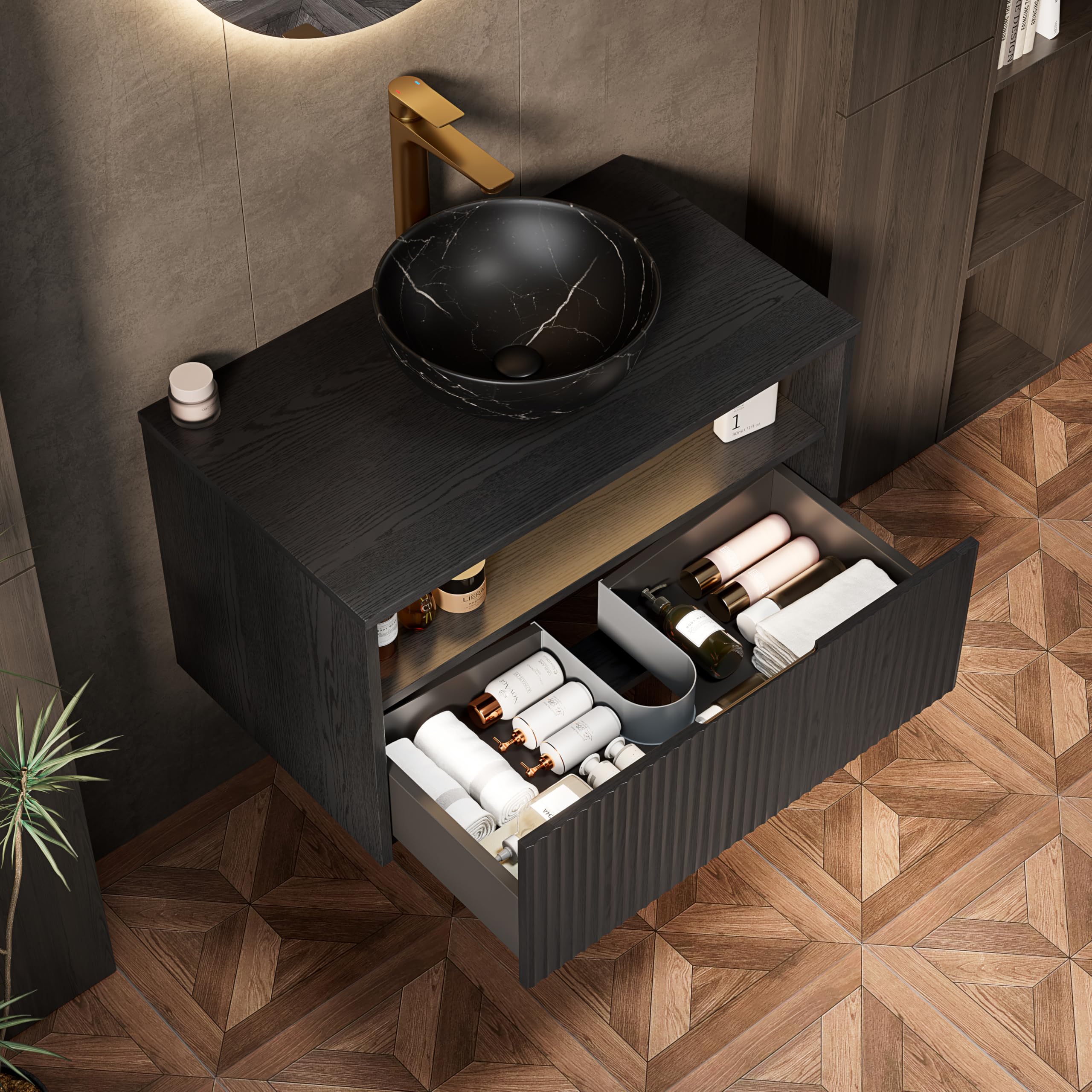 Mobile Bagno Sospeso con Lavabo in Ceramica, Nero, 80x46x60.8 cm