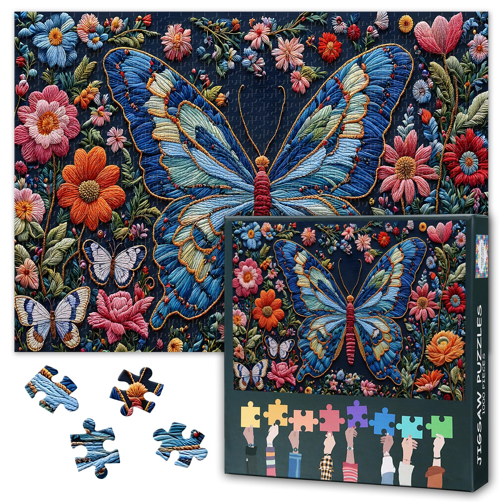 Butterfly and Flowers Embroidery Art Jigsaw Puzzles for Adults 1000 Piece Puzzle for Adults 1000 Pieces Puzzle 1000 Pieces - Enchanted Colorful Butterfly Jigsaw Puzzles Size is: 20x27 inches — image 1