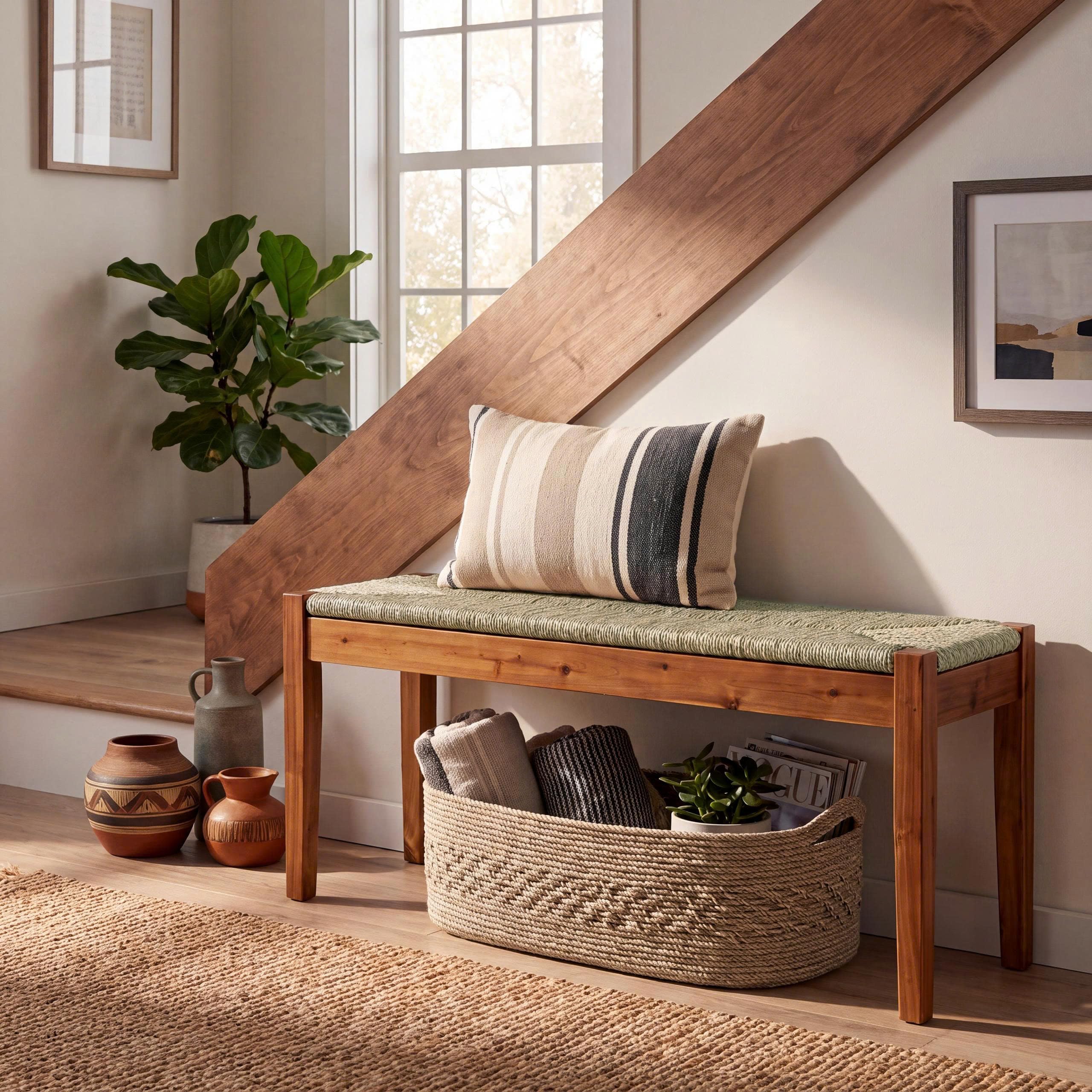 46-Inch Acacia Wood Bench with Natural Seagrass Woven Seat, Indoor Bench