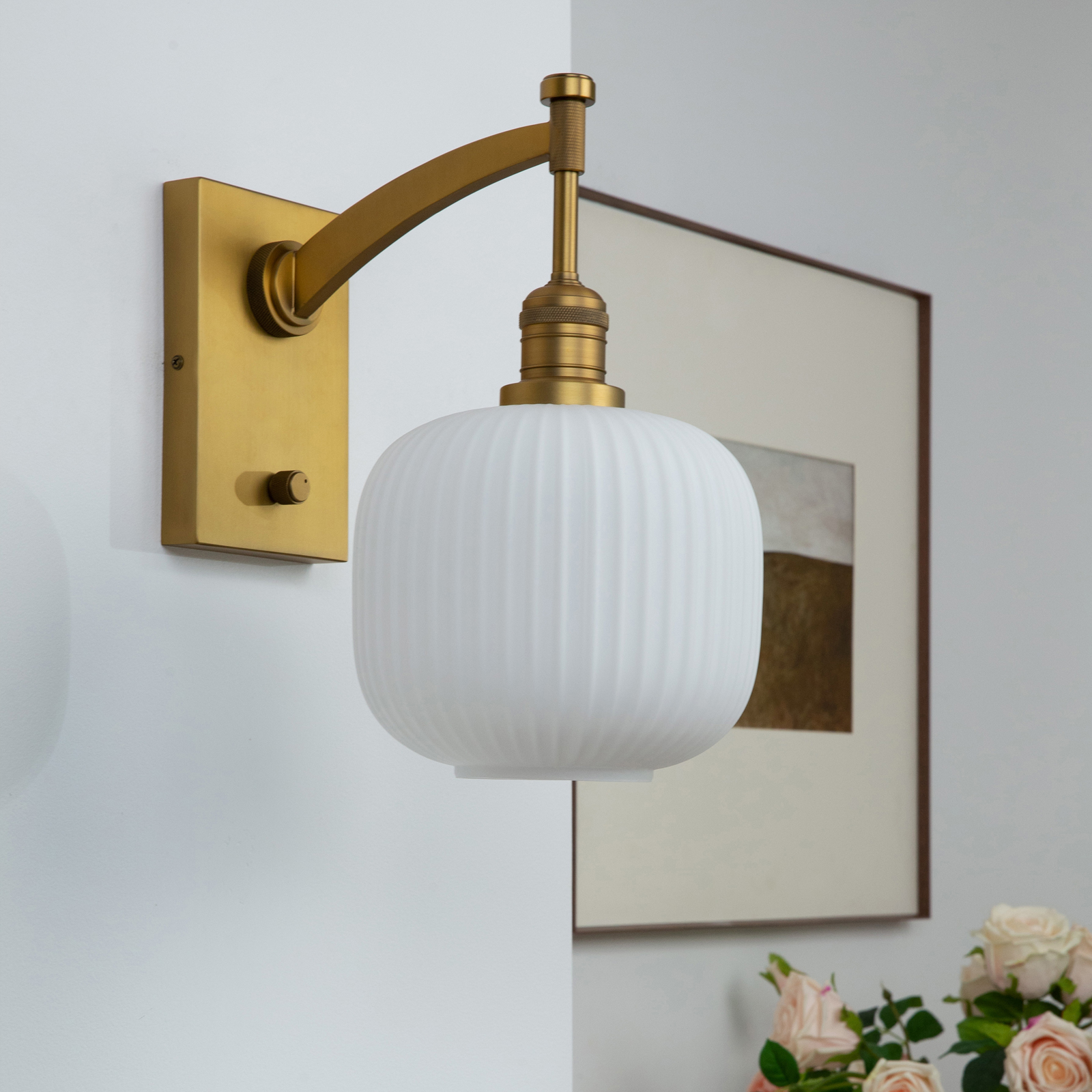 Image of Pathson Milk White Glass Wall Sconce with Switch, Hardwired Wall Vanity Light, Mid-Century Vintage Wall Lamp Fixture or Living Room Farmhouse Bathroom Bedside Lighting