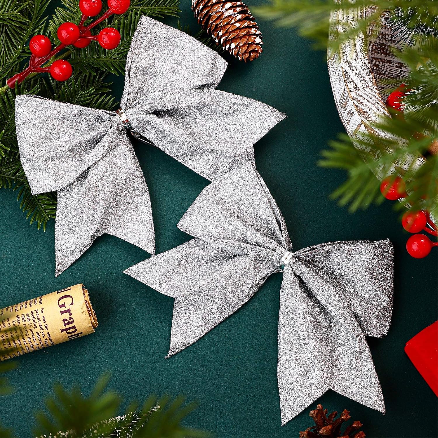 Panelee 12 Pieces Christmas Glitter Bow Decorations 6 x 6 Inches Small Christmas Tree Bows Ornaments Gift Shiny Holiday Xmas Ribbon Decor for Wreath, Garland, DIY Crafts(Silver)