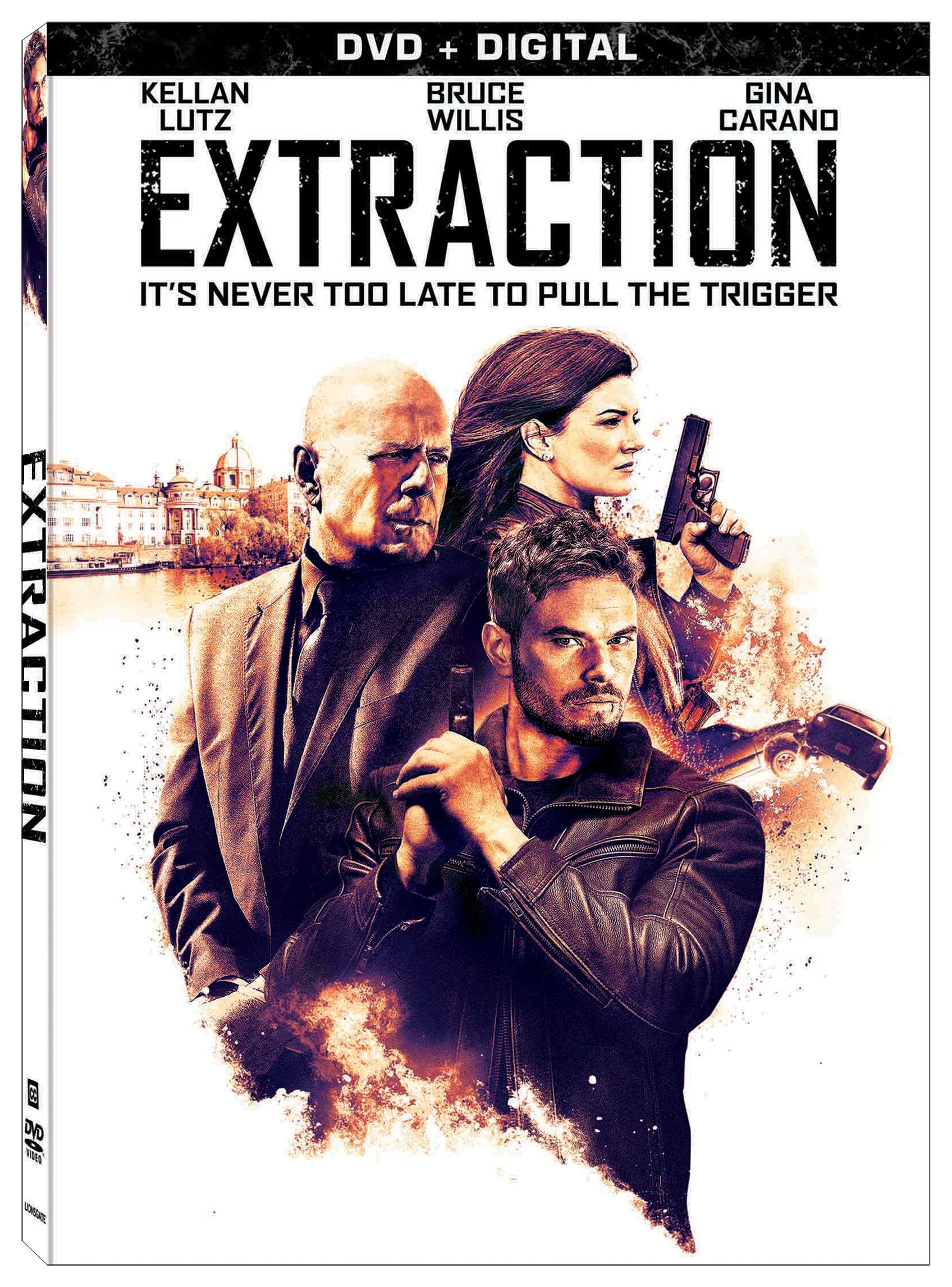 Front cover of the Extraction DVD + Digital movie, featuring Kellan Lutz, Bruce Willis, and Gina Carano.
