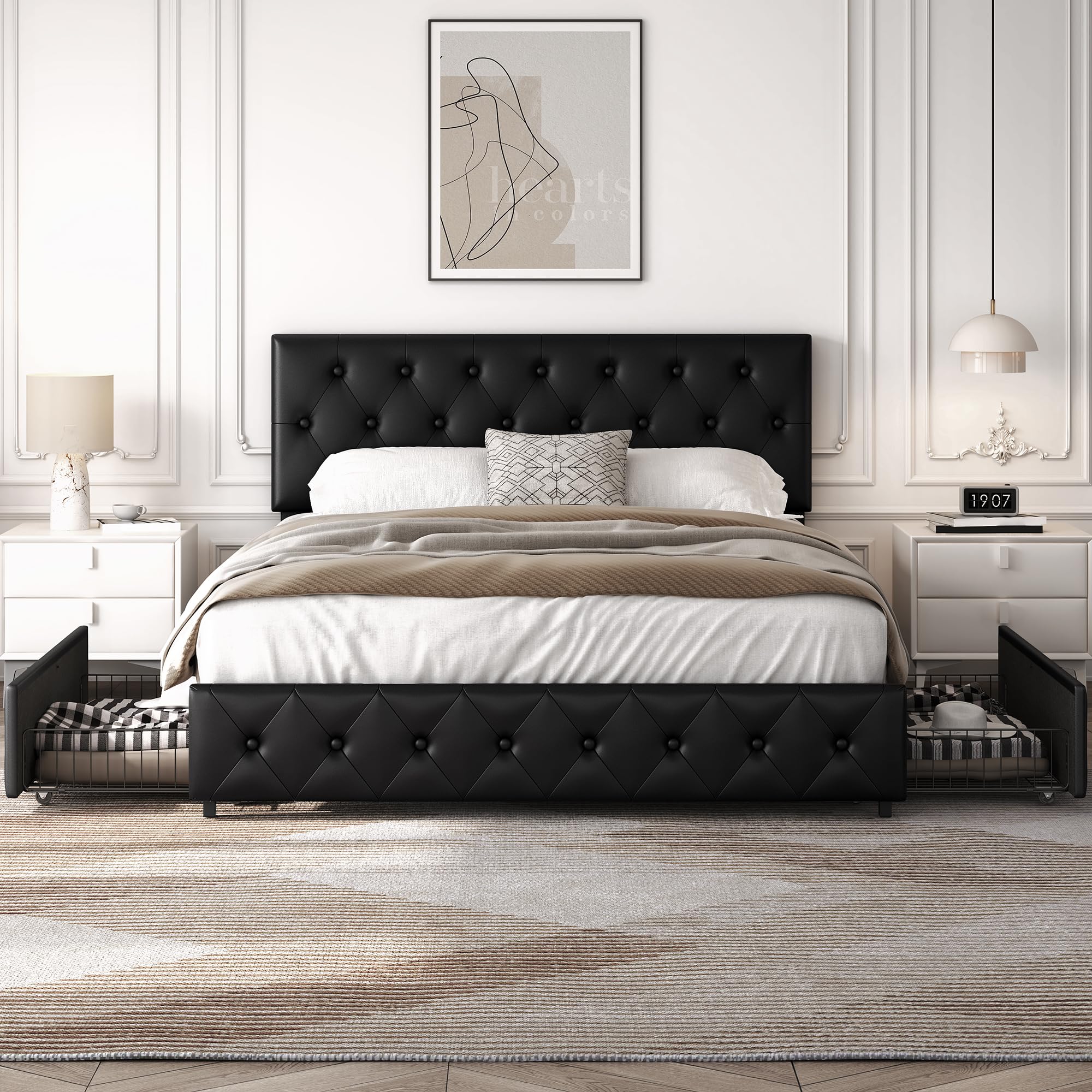 Yaheetech Polsterbett 160 x 200 cm Doppelbett Bettrahmen mit 2 Schubladen Jugendbett höhenverstellbares Kopfteil Stauraumbetten, Schwarz