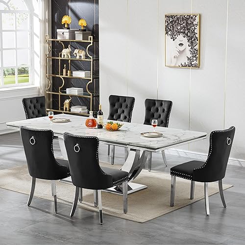 Miniatura 20 de Juego de mesa de comedor de mármol de 9 piezas para mesa de comedor grande de mármol blanco de 8 y 94 pulgadas con base de acero inoxidable en forma