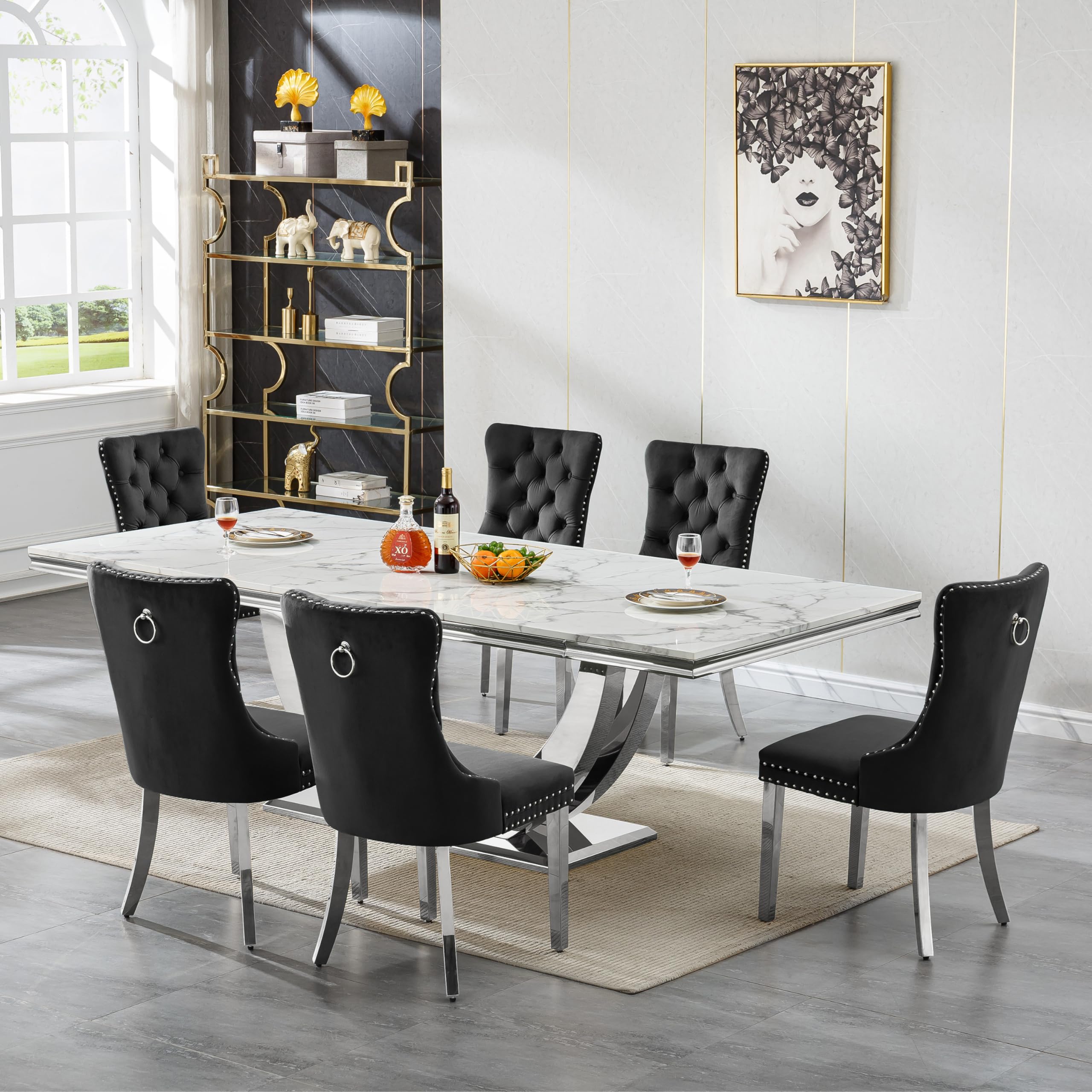 94.5" Large Marble Dining Table Set for 6, Luxury White Silver Kitchen Table with 6 Black Velvet Dining Chairs, Modern Fuax Marble 7-Piece Dining Room Table Set for 6 w/Stainless Steel U-Base