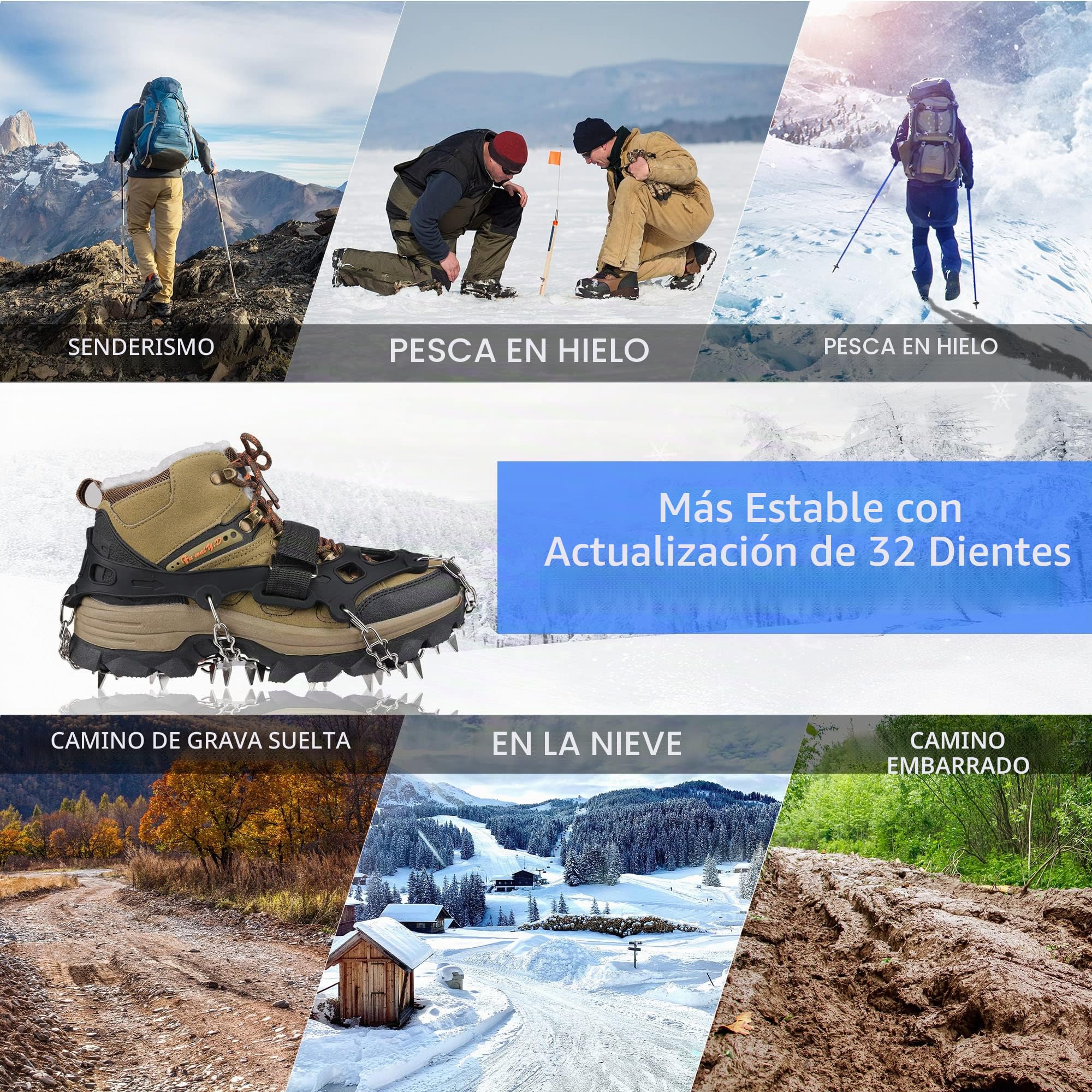 Crampones, 32 Dientes Tacos de Hielo Tracción Antideslizante Empuñaduras de Nieve para Botas Zapatos para Caminar, Senderismo, Escalada, Pesca y Montañismo