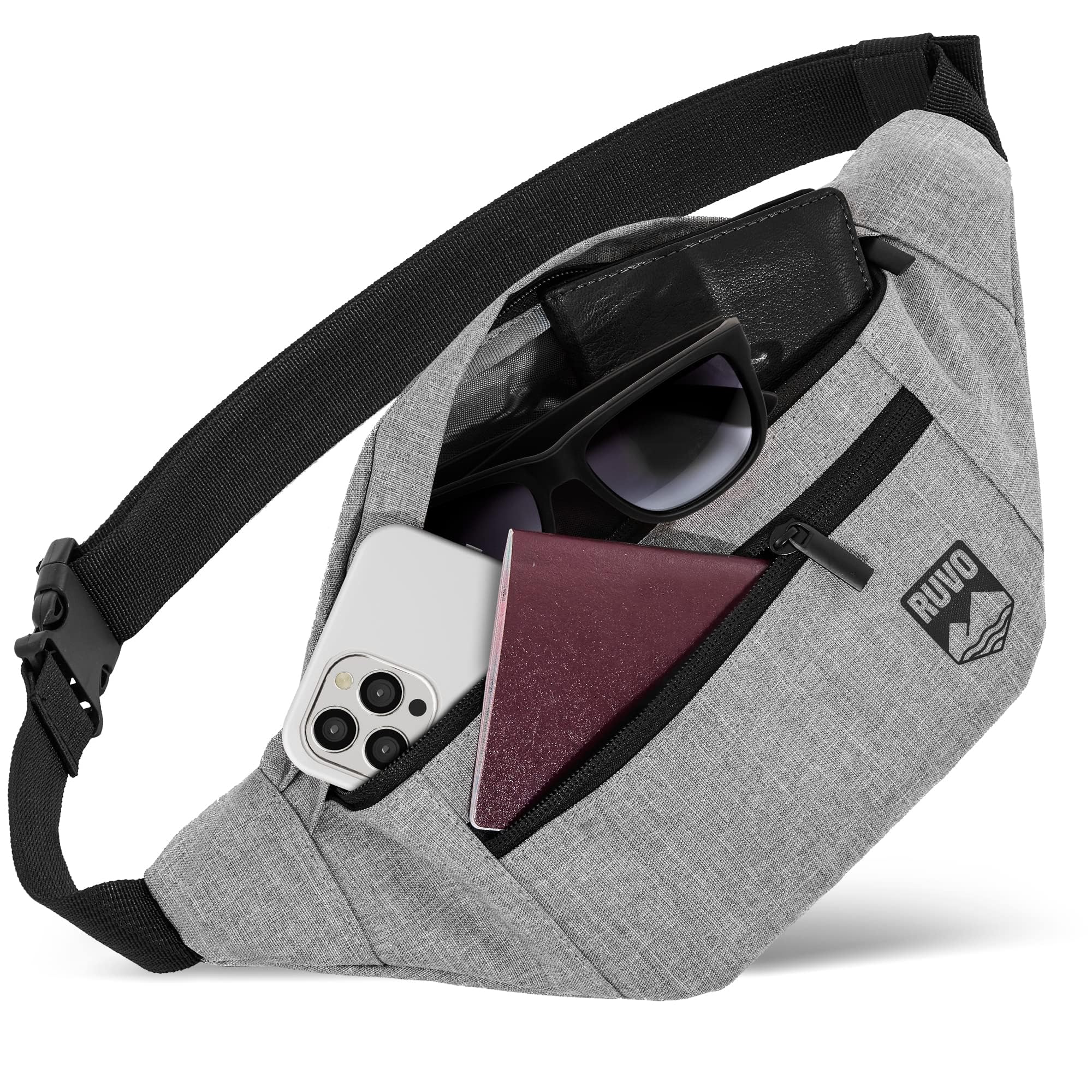 RUVO® Bauchtasche Herren und Damen | stylische Gürteltasche für maximalen Stauraum | 4 Fächer jeweils mit Reißverschluss | für alle Aktivitäten geeignet