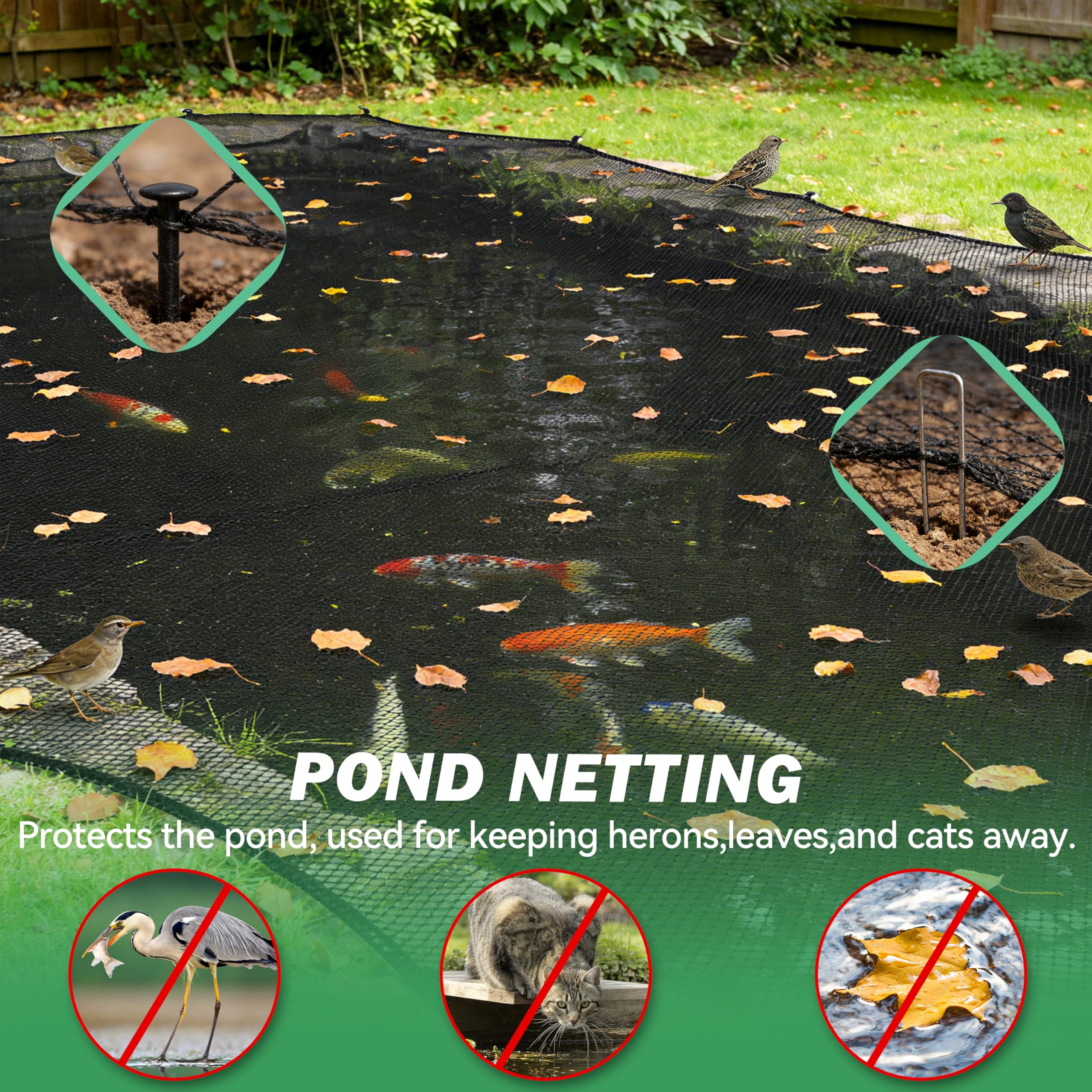 Malla Antipájaros, Red para Estanque Malla Fina 15×15mm, 20g/m², Trenzado de 3 Hilos, Red Protectora contra Hojas, Incluye 20 Anclajes de Suelo y 30 Bridas (40m² - 4x10m)