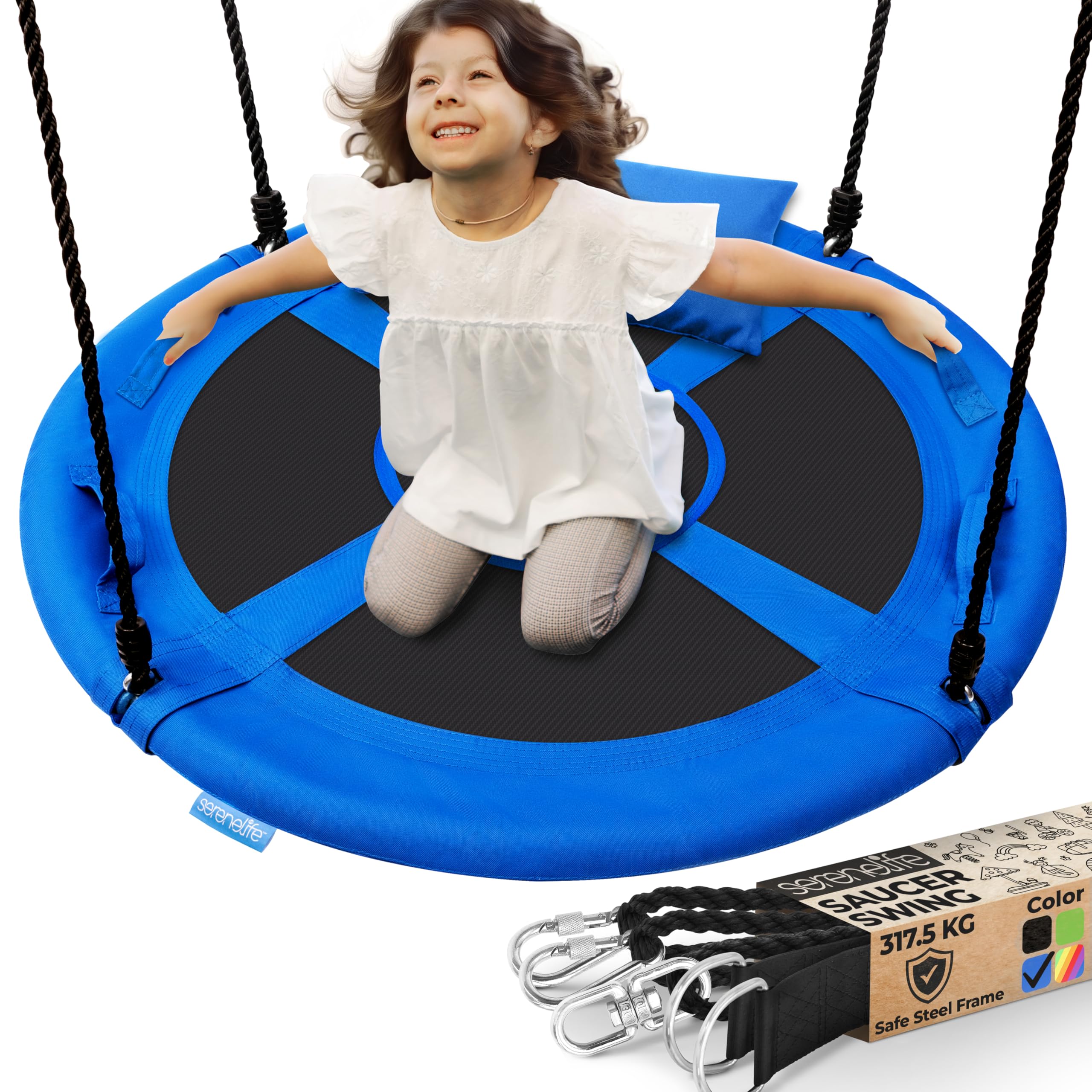 SereneLife Tree Swing Seat, Large Round Saucer Kids Swings, Adults and Kids Nest Swing, Durable Frame, 318kg Capacity, Indoor Outdoor Hanging Rope Swinging Seat for Backyard, Garden and More – Blue