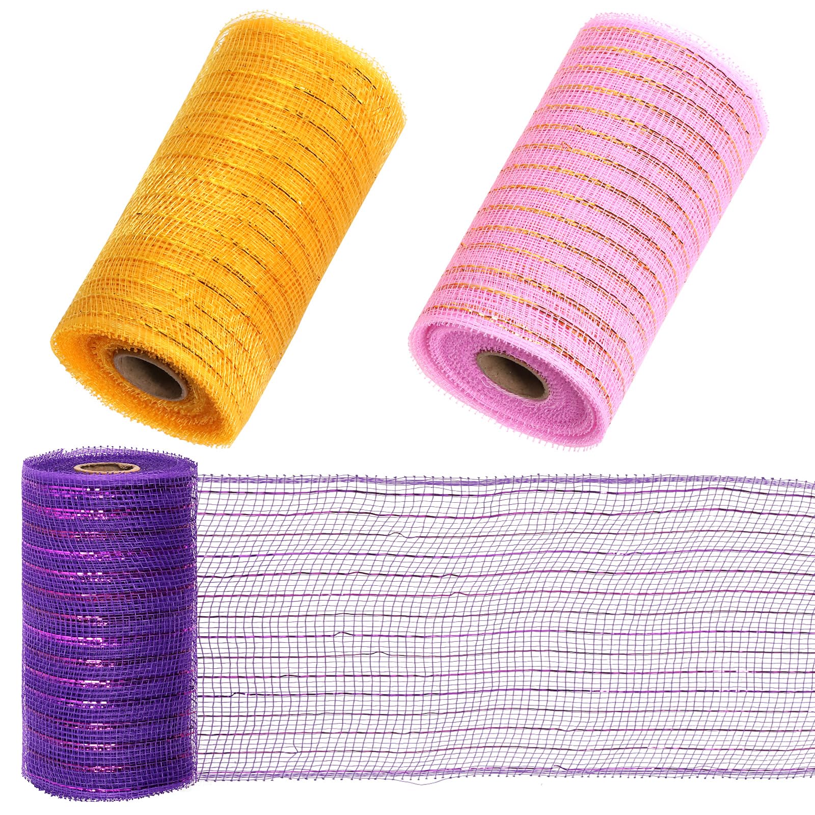 Mardatt 3 Rolls 5.9" x 30 Feet Poly Mesh Metallic Foil Ribbon - Decor Mesh Rolls for Wreaths Decoration (Pink, Gold, Purple)