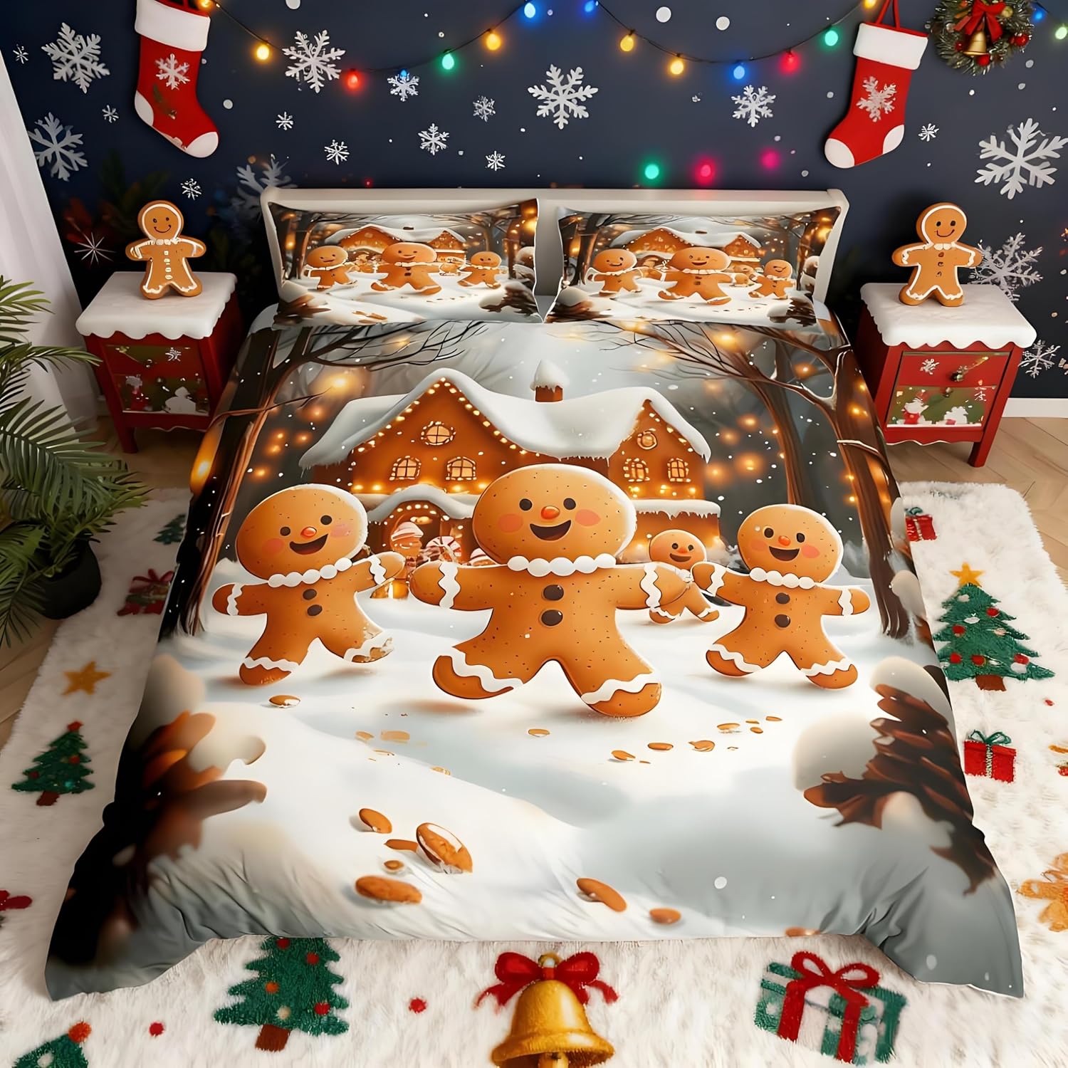 Feelyou Christmas Duvet Cover Cute Christmas Gingerbread Man Bedding Set Toddler Size for Boys Girls Xmas Bedroom Bed Decor Merry Christmas Comforter Cover Xmas Christmas Bedspread Cover