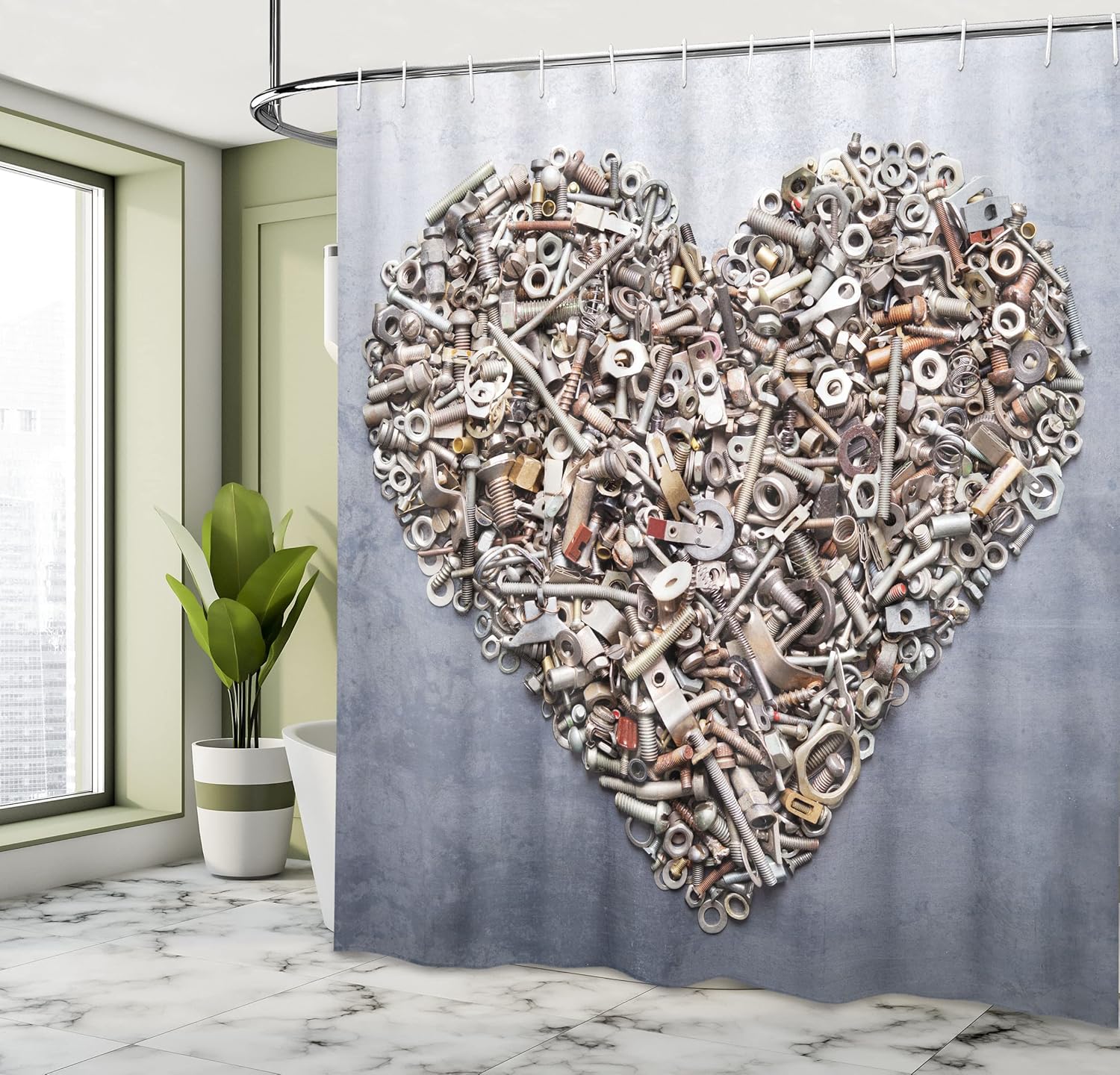 Ambesonne Industrial Shower Curtain, Nuts and Bolts Heart Shape Construction Engineering Equipment Rustic Art, Cloth Fabric Bathroom Decor Set with Hooks, 69" W x 75" L, Beige Cream