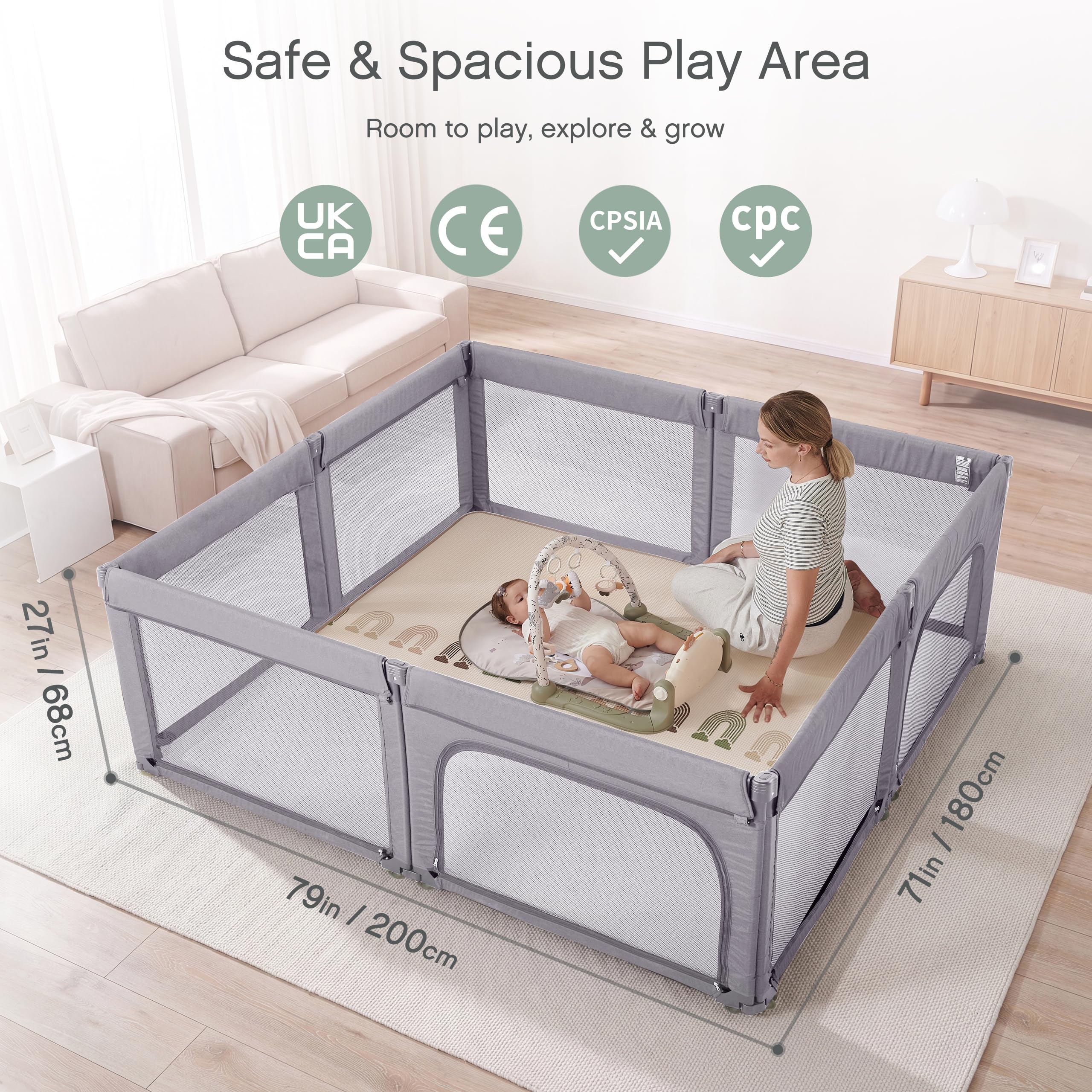 Box per bambini, cancelletto di sicurezza pieghevole, facile da montare, misura grande e regolabile, per interni, 180 x 200 cm, grigio chiaro