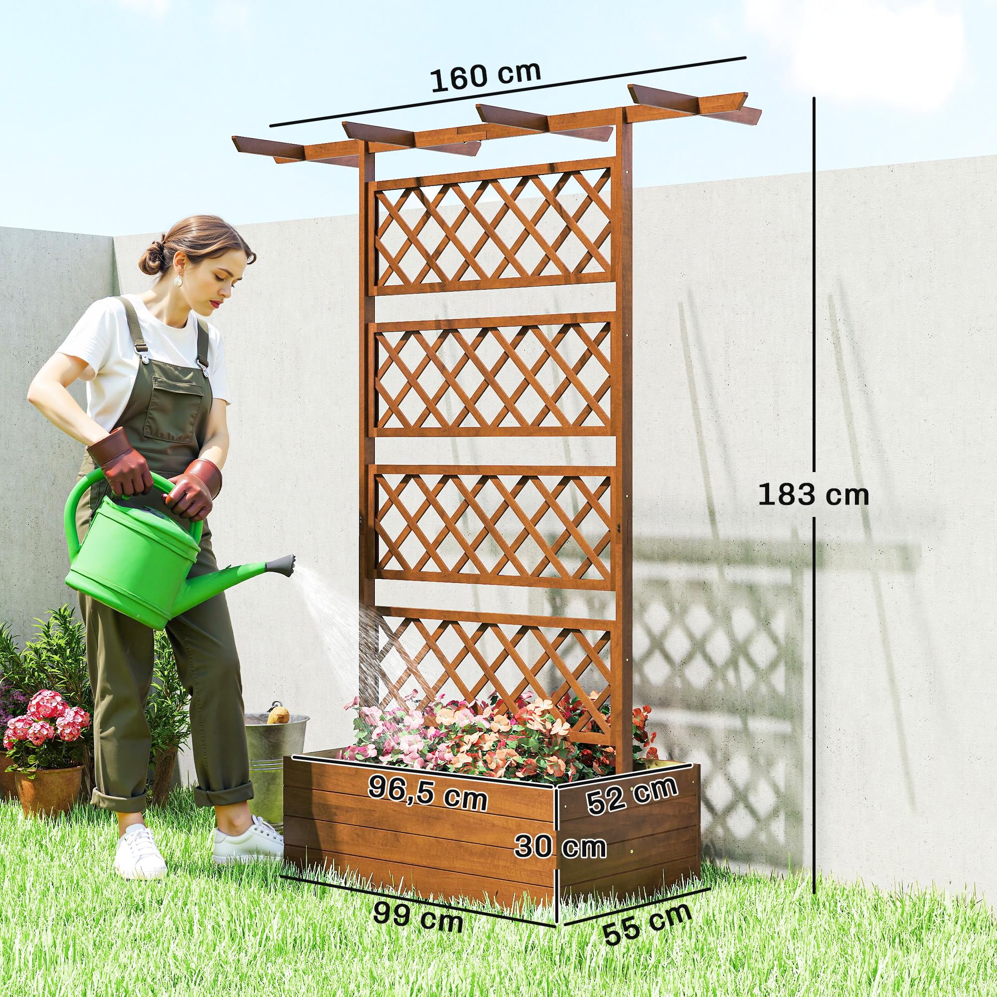 Outsunny Jardinière Surélevée avec Treillis et Barres de Toit, bac à Fleurs, lit surélevé Trous de Drainage, Tissu Non tissé, pour Plantes grimpantes, légumes, extérieur, Bois Massif, Marron