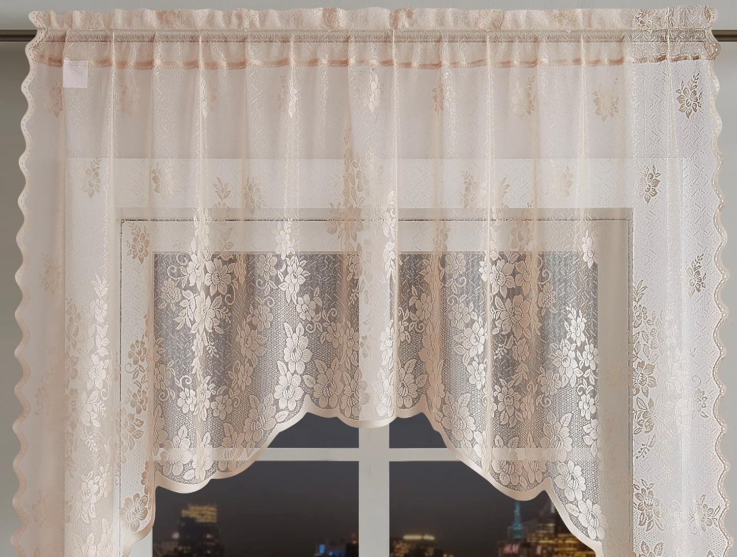 Warm Home Designs 3 Piece Golden Linen Kitchen Window Curtains Bundle Includes 2 36 Inch Tiers & Swag Valance. Flower Kitchen Curtains Set for Floral Decor. KIF Linen Set