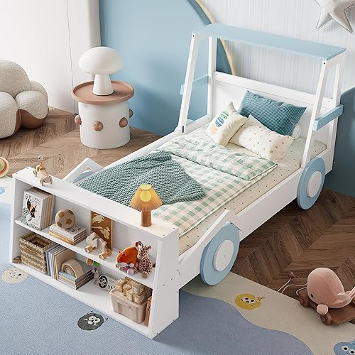 Miniatura 24 de Bonita cama de carruaje de princesa tamaño individual con corona y escalera, plataforma de madera maciza con 2 puertas, cabecera y estribo, listones