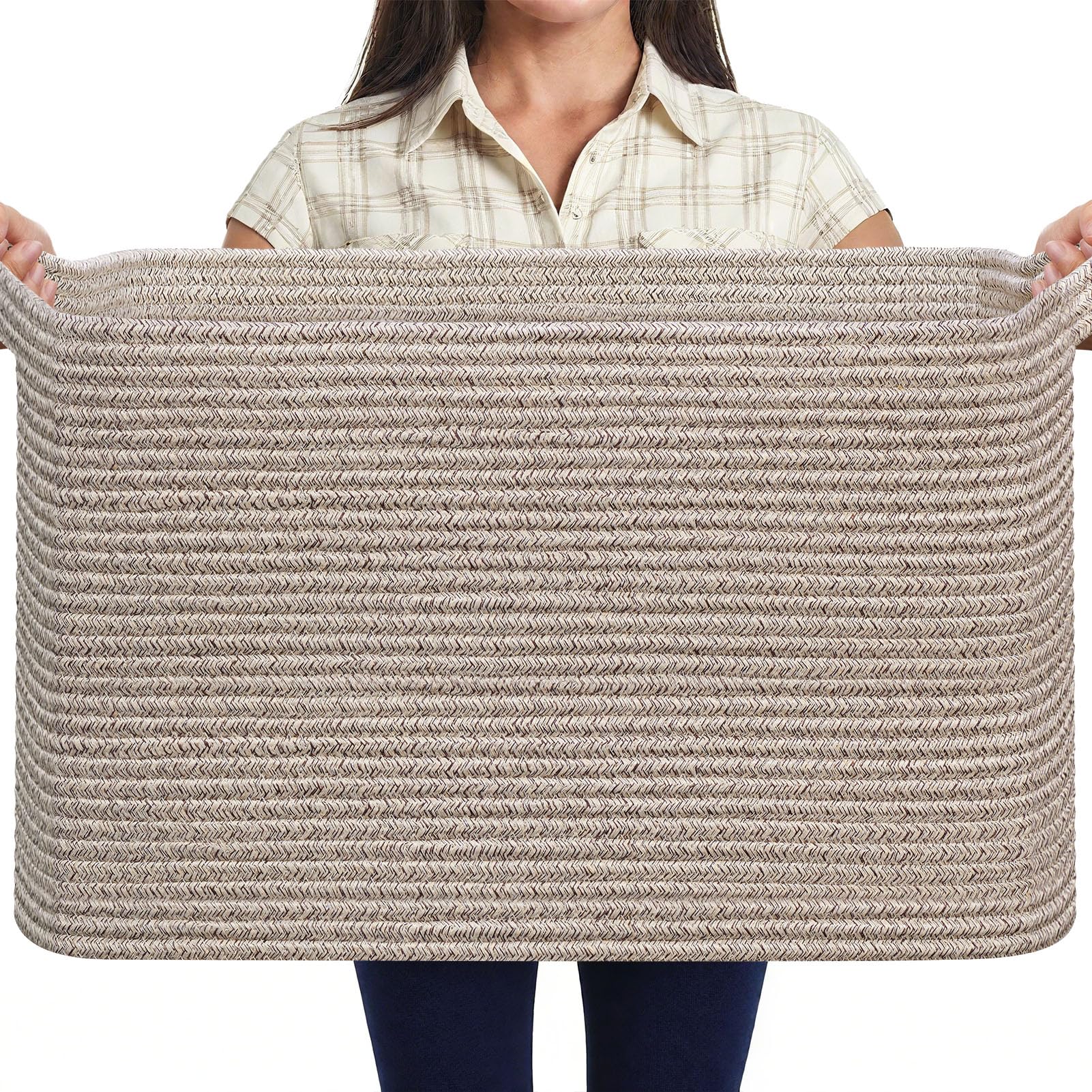 MOLMO Large Woven Storage Basket, 65L Laundry Hamper for Washing, Cotton Rope Bin for Dirty Clothes, Toy Organizer for Kids, Blanket Basket for Living Room(Heathered&Brown)