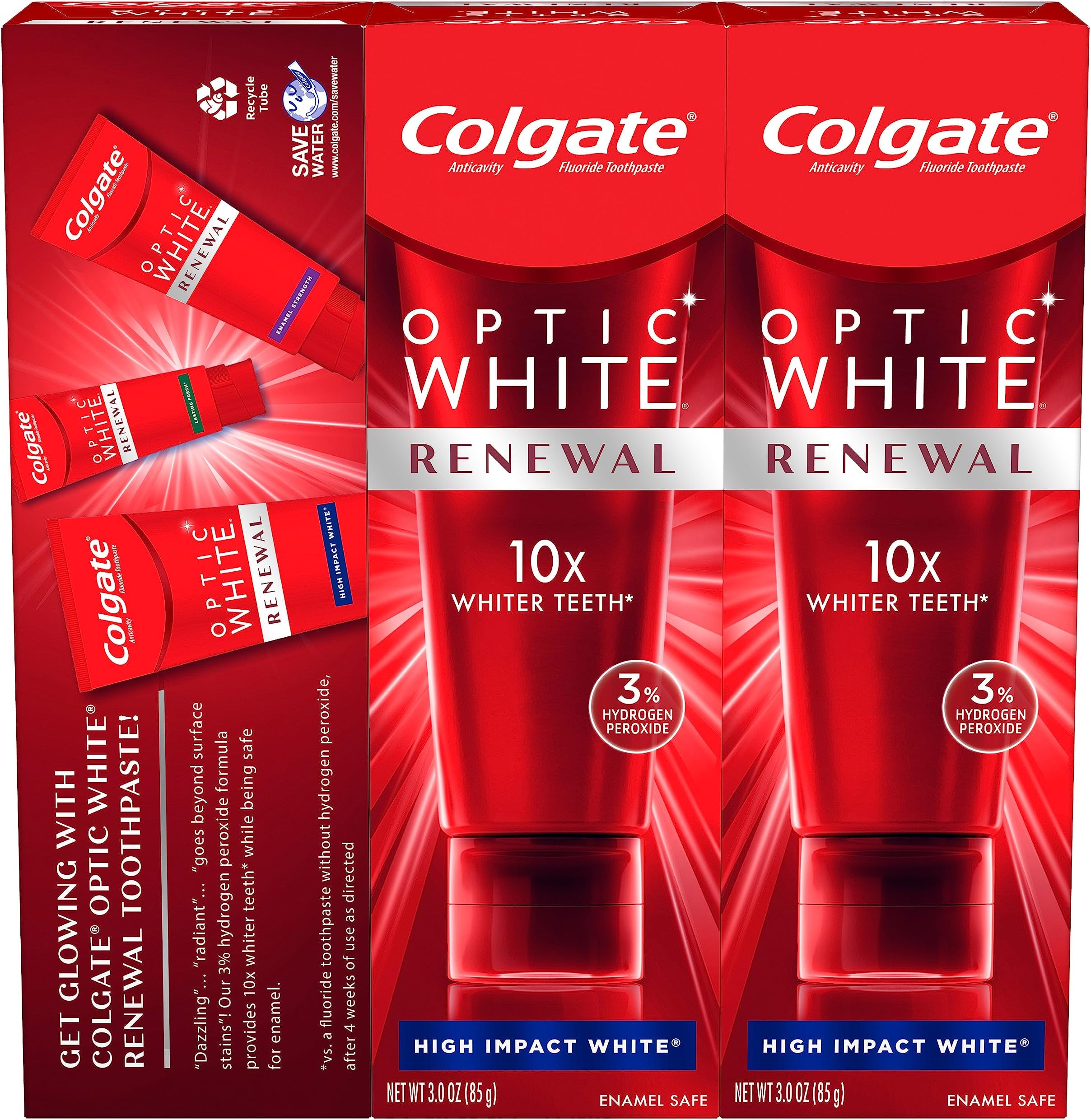 Colgate Optic White Renewal Teeth Whitening Toothpaste, High Impact White, 3 Oz Tube, 3 Pack