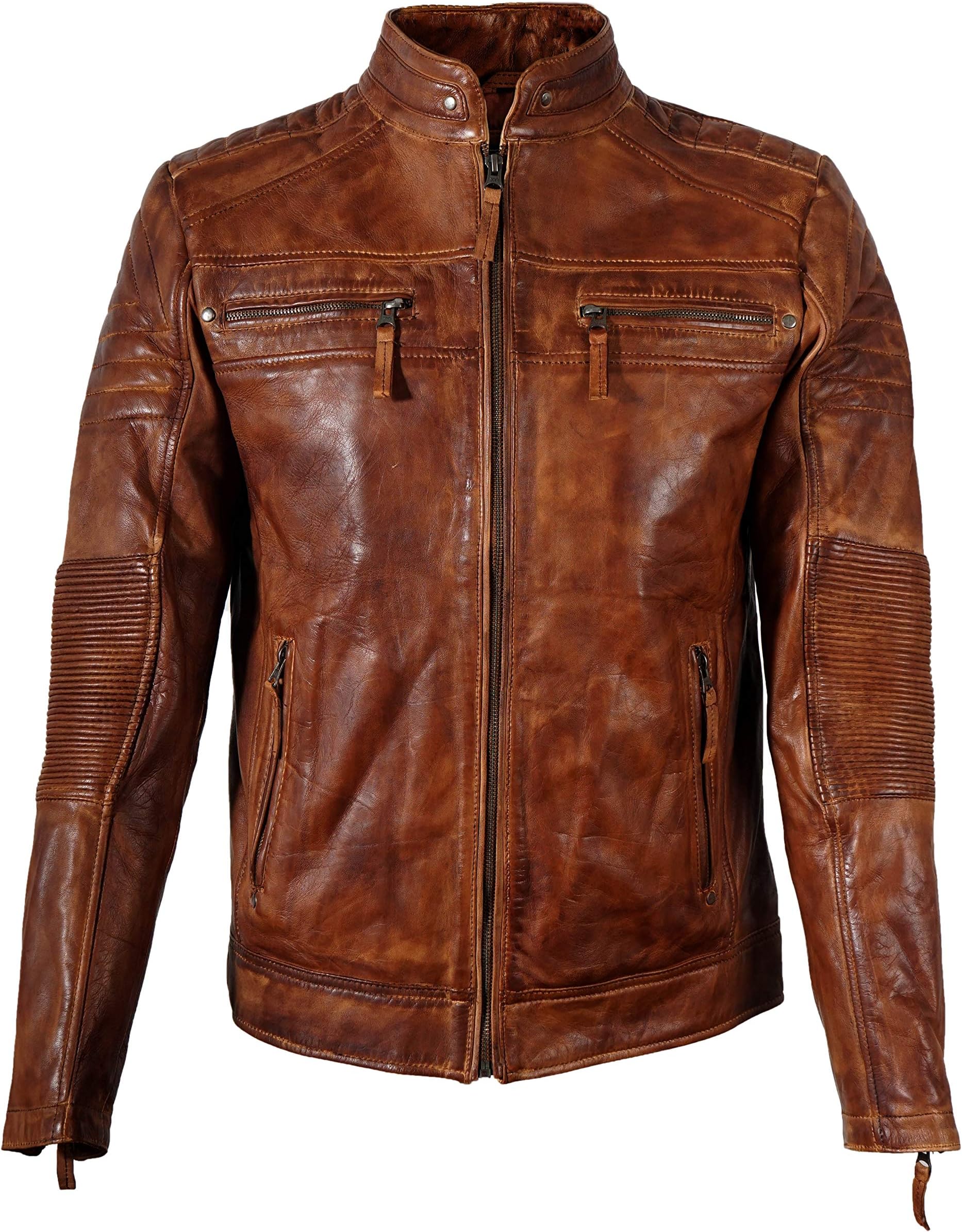 Cavani LeathersMens Brown Leather Jacket – Motorcycle Cafe Racer Distressed Real Leather Jacket (S)