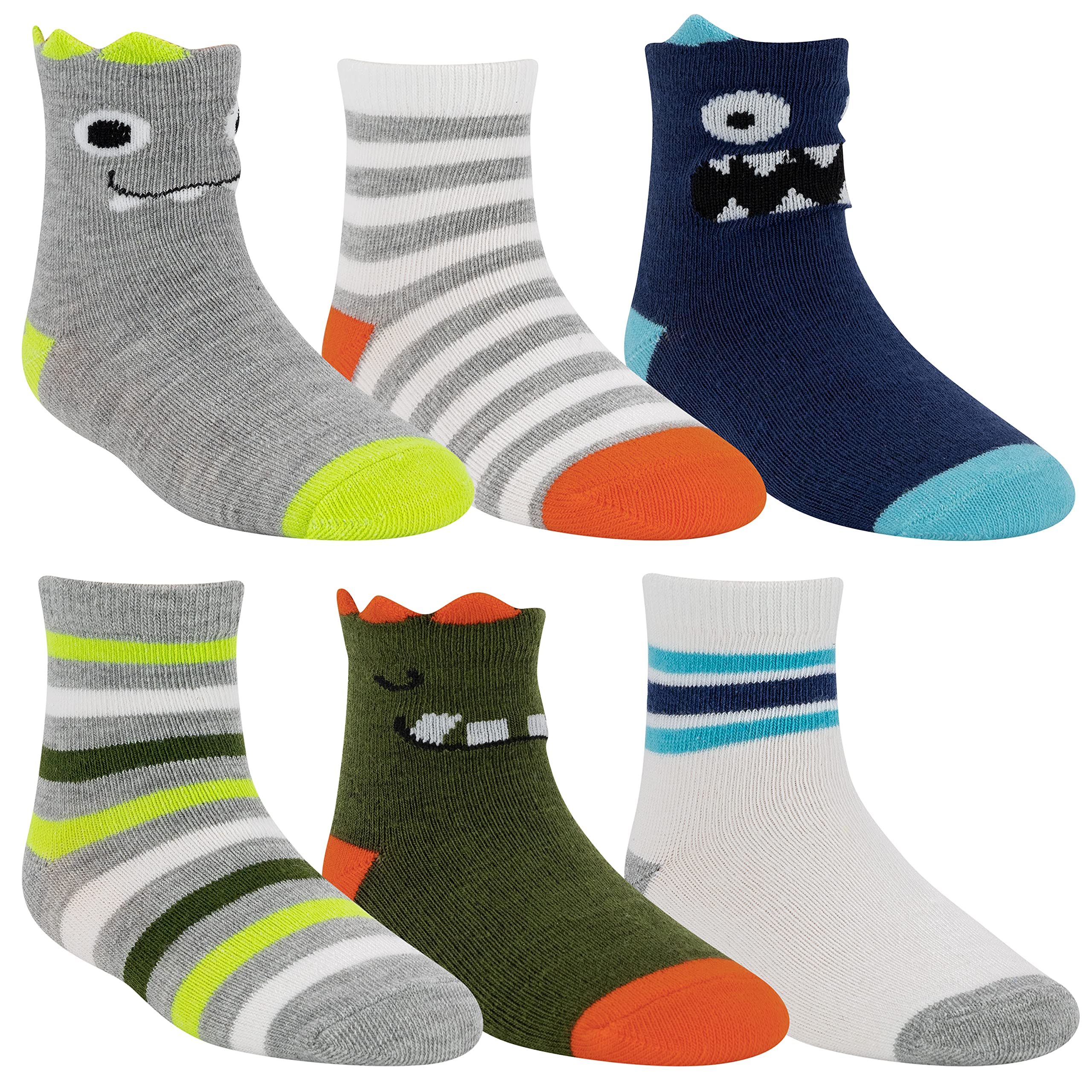 Stride Rite 360 Boys 6 Pair Pack Super Soft Crew Socks with Cute Monsters with 3D Spikes with Non Skid Gripper Bottoms