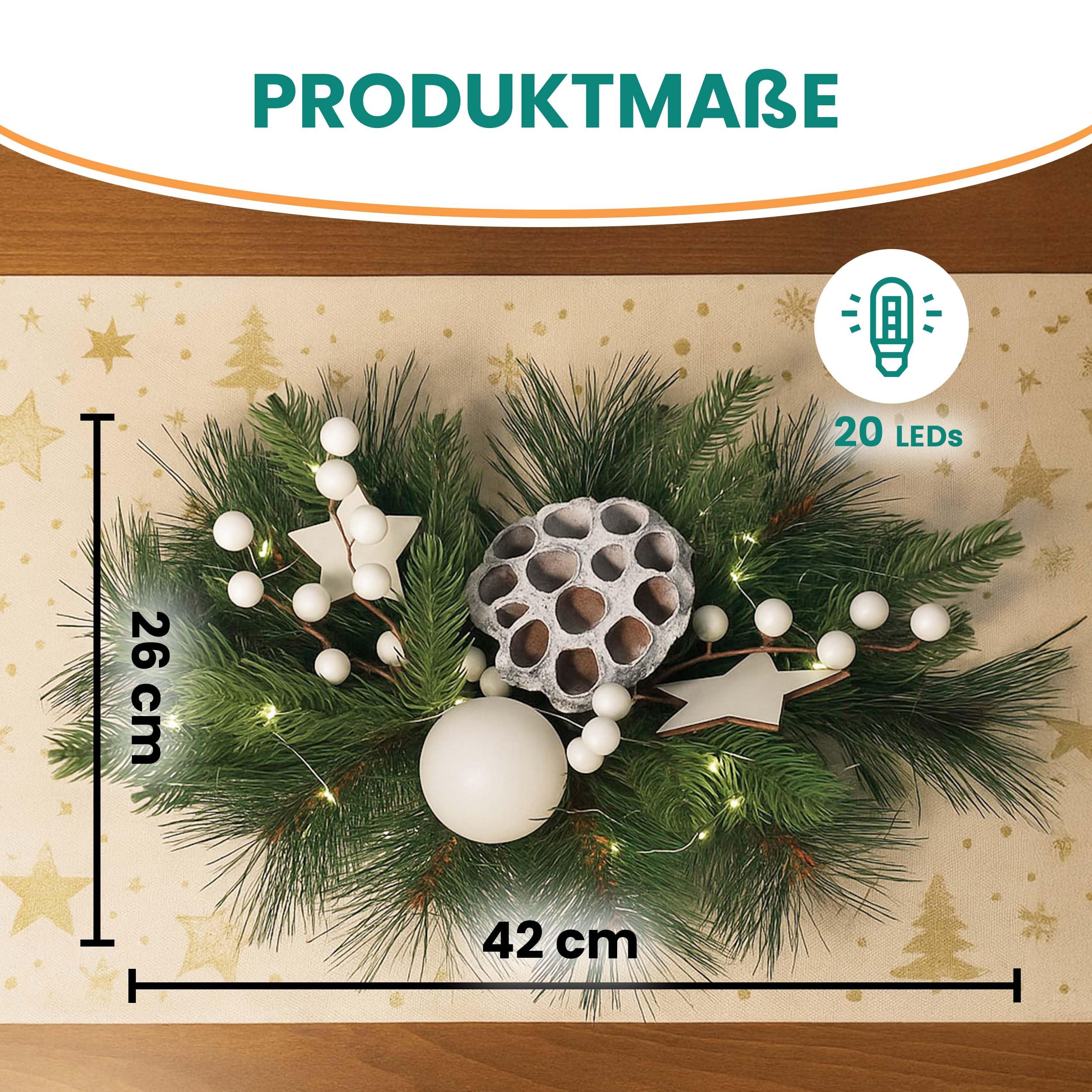 Gartenpirat Adventsgesteck 26x42cm mit 20 LED warmweiß und weißen Dekorationen Weihnachtsdeko für Tisch Fenster Festliche Weihnachtsdekoration für Advent & Winter