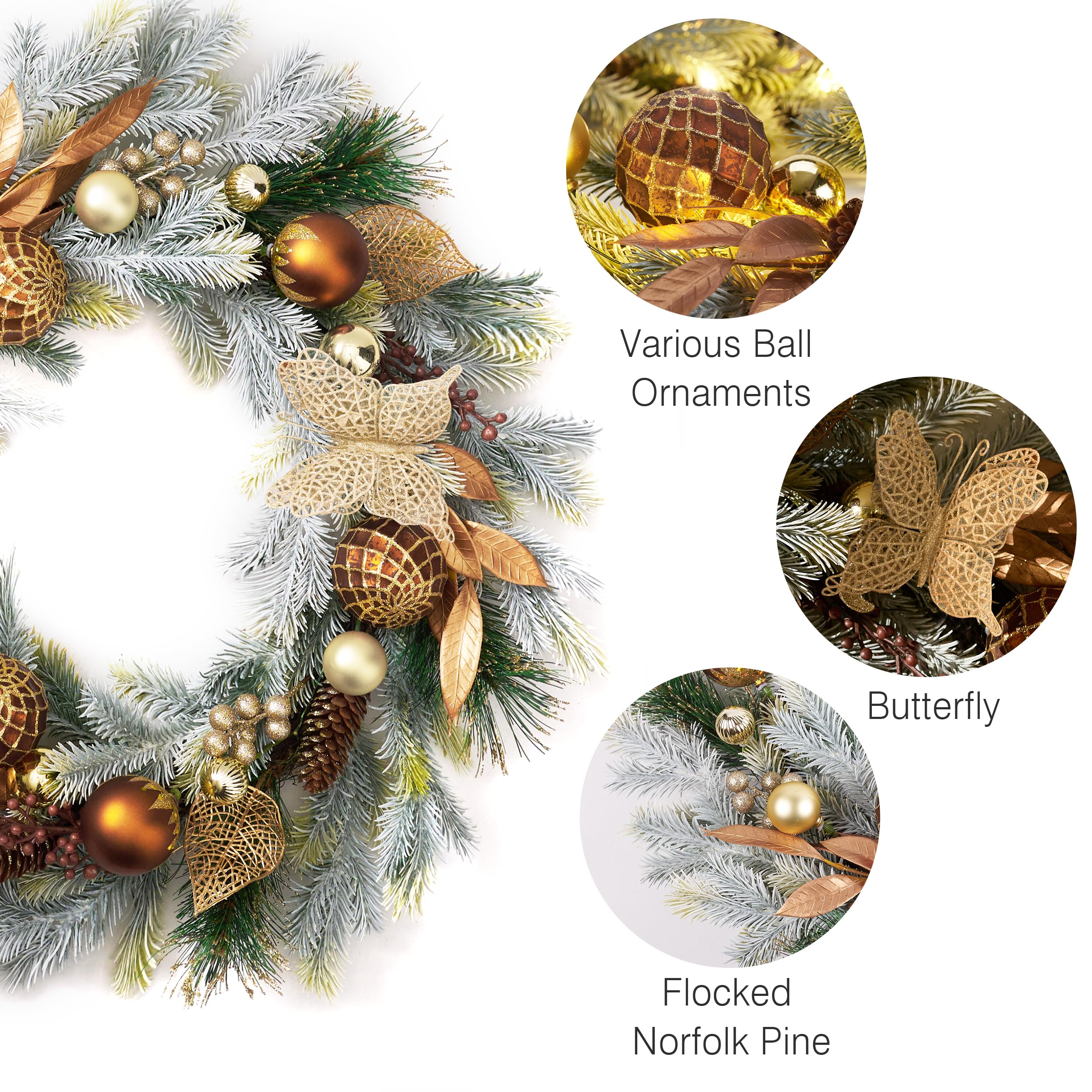Decorbyhannah Couronne de Noël pliable – Couronnes de Noël pour porte d'entrée avec lumière – Décoration d'intérieur et d'extérieur avec pommes de pin et baies pour fenêtre de table et fenêtre (doré
