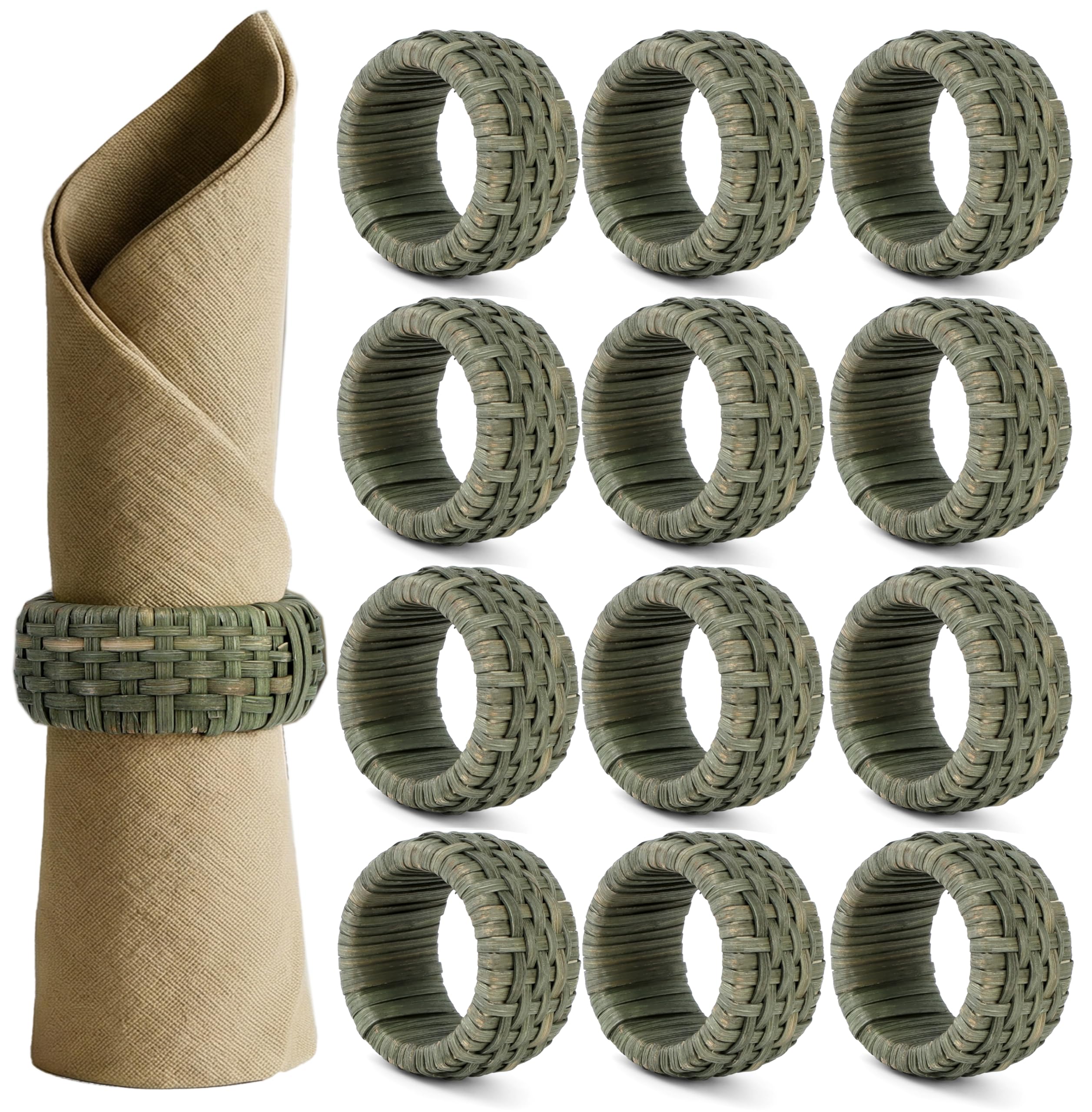 Artisan Cane Lot de 12 ronds de serviette de table tissés terreux, accessoire de table naturel bohème pour dîners, fêtes et utilisation quotidienne (vert kaki) ALPHA Living HOME