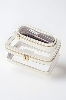 Travel Clear Makeup Bag with Makeup Brush Bag, Leather Makeup Case Toiletry Bag, Portable Cosmetic Bag Case, Transparent Waterproof Cosmetic Organizer Storage Bag for Women, Off-White, L