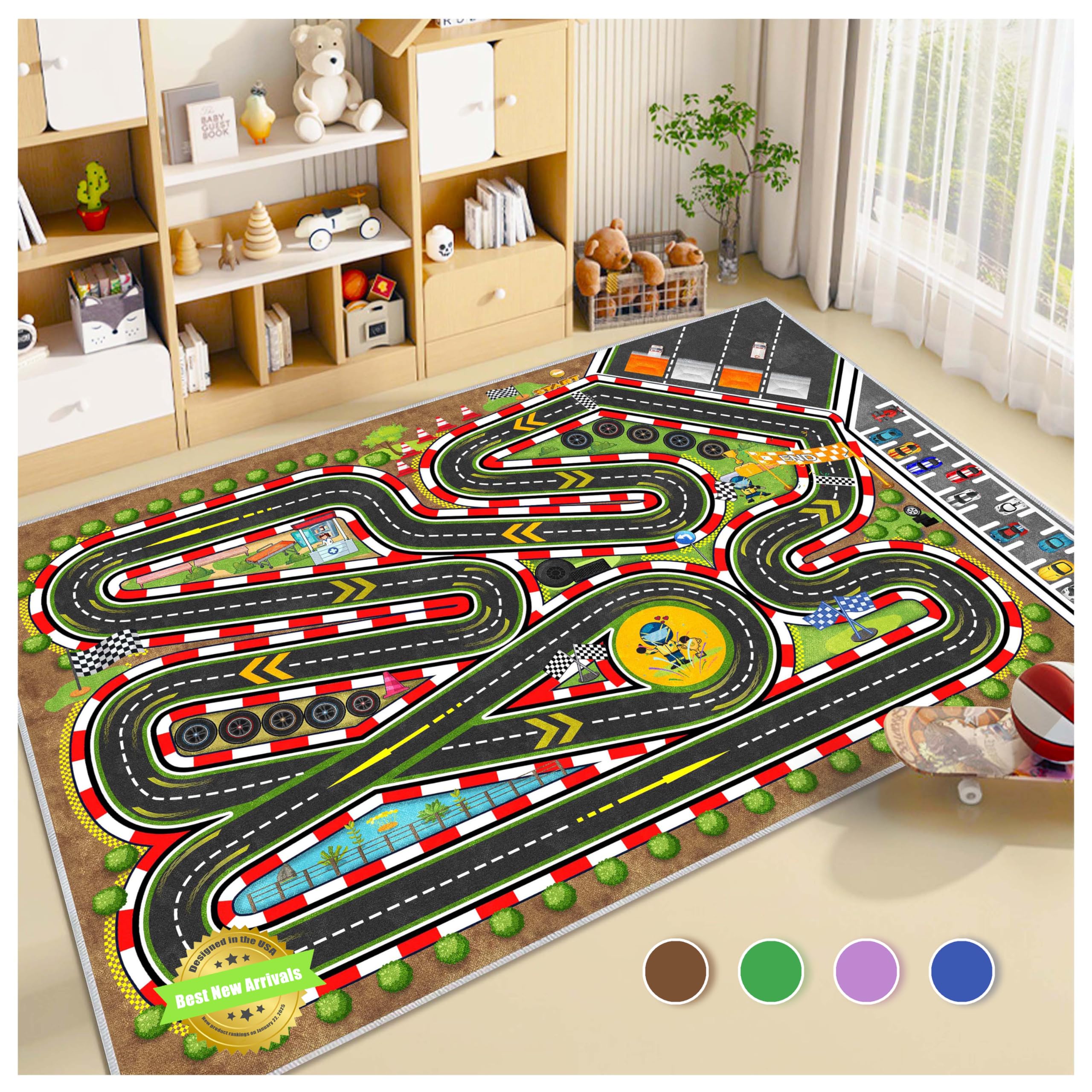 Fuzorise Kids Racing Rug 47''X71'' Car Road Kid Rug Carpet Playmat for Playoom Traffic Road Kid Play Mat for Bedroom，Kids Educational City Traffic