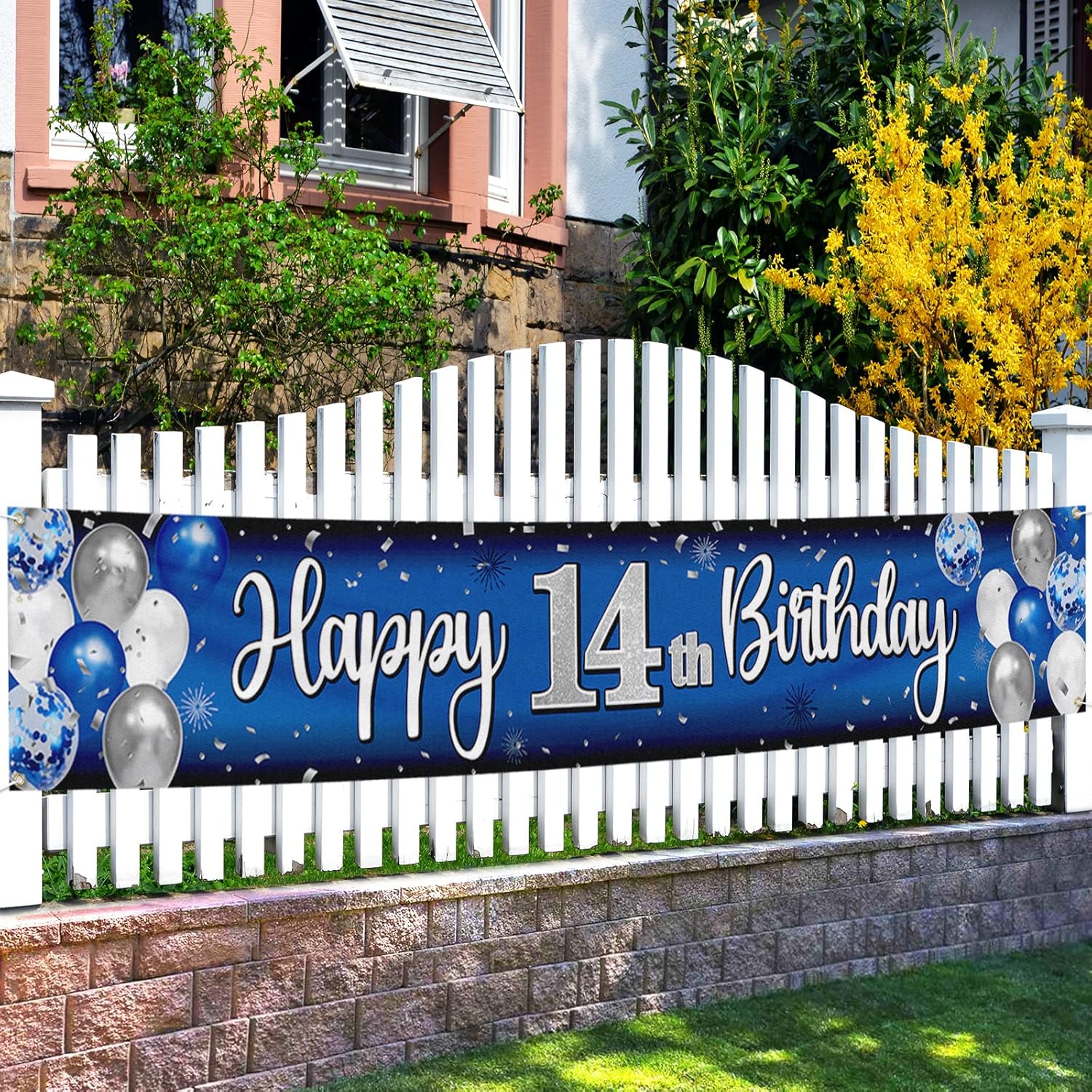 Happy 10th Birthday Decorations,10th Blue & Silver Balloon Large Birthday Hanging Banner Sign,Cheers to Ten Years Old Bday Party Supplies.