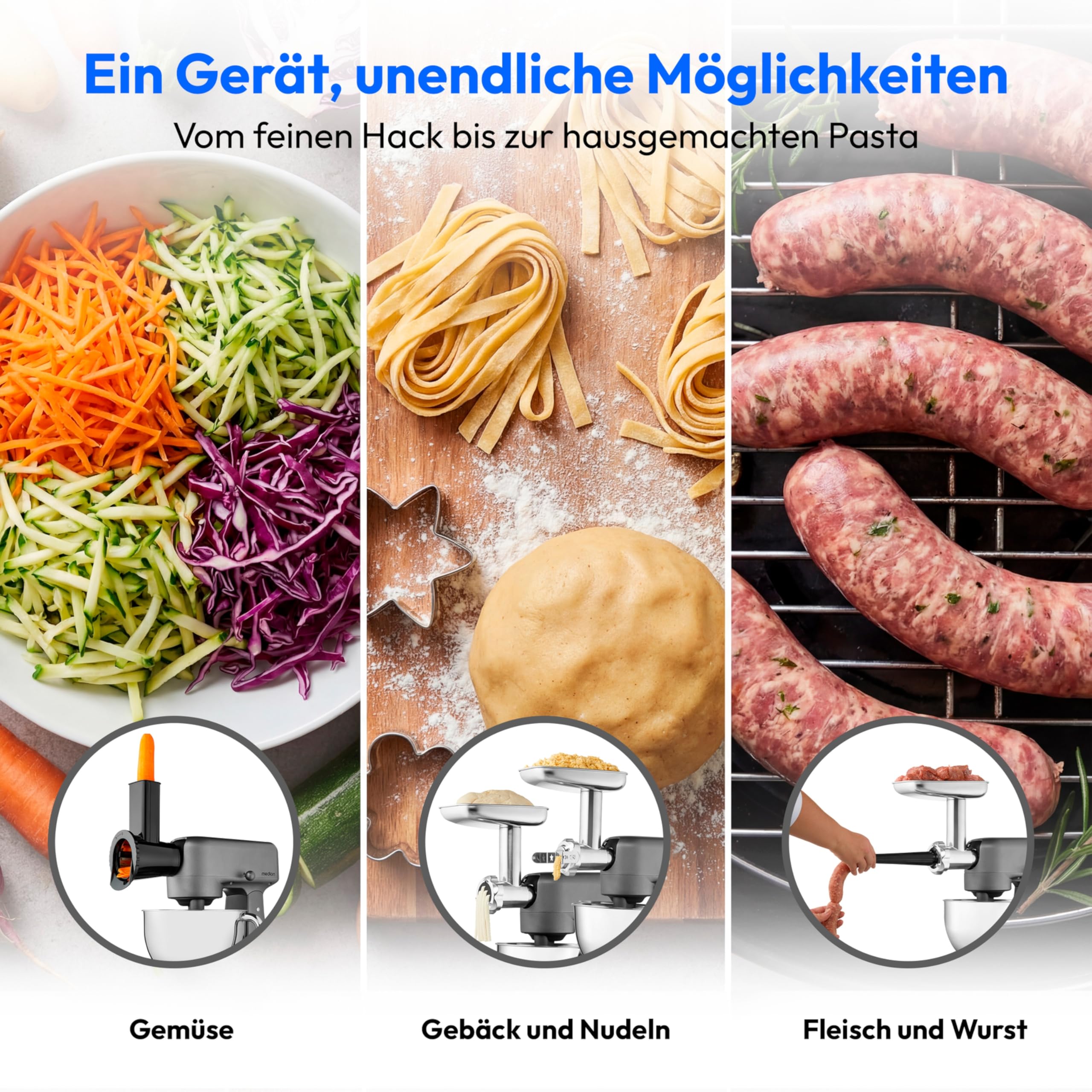 MEDION Küchenmaschine (Fleischwolf, 4,6 Liter Edelstahlschüssel, leiser Gleichstrommotor, 800 Watt, Reiben Raspeln Schneiden, Digitales Sensor Touch Display, Knetmaschine, Teigmaschine, MD12600) titan