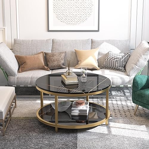 Miniatura 10 de WiberWi Mesa auxiliar redonda de 33.5 pulgadas para sala de estar, parte superior de mármol negro sintético de alto brillo, mesa circular moderna