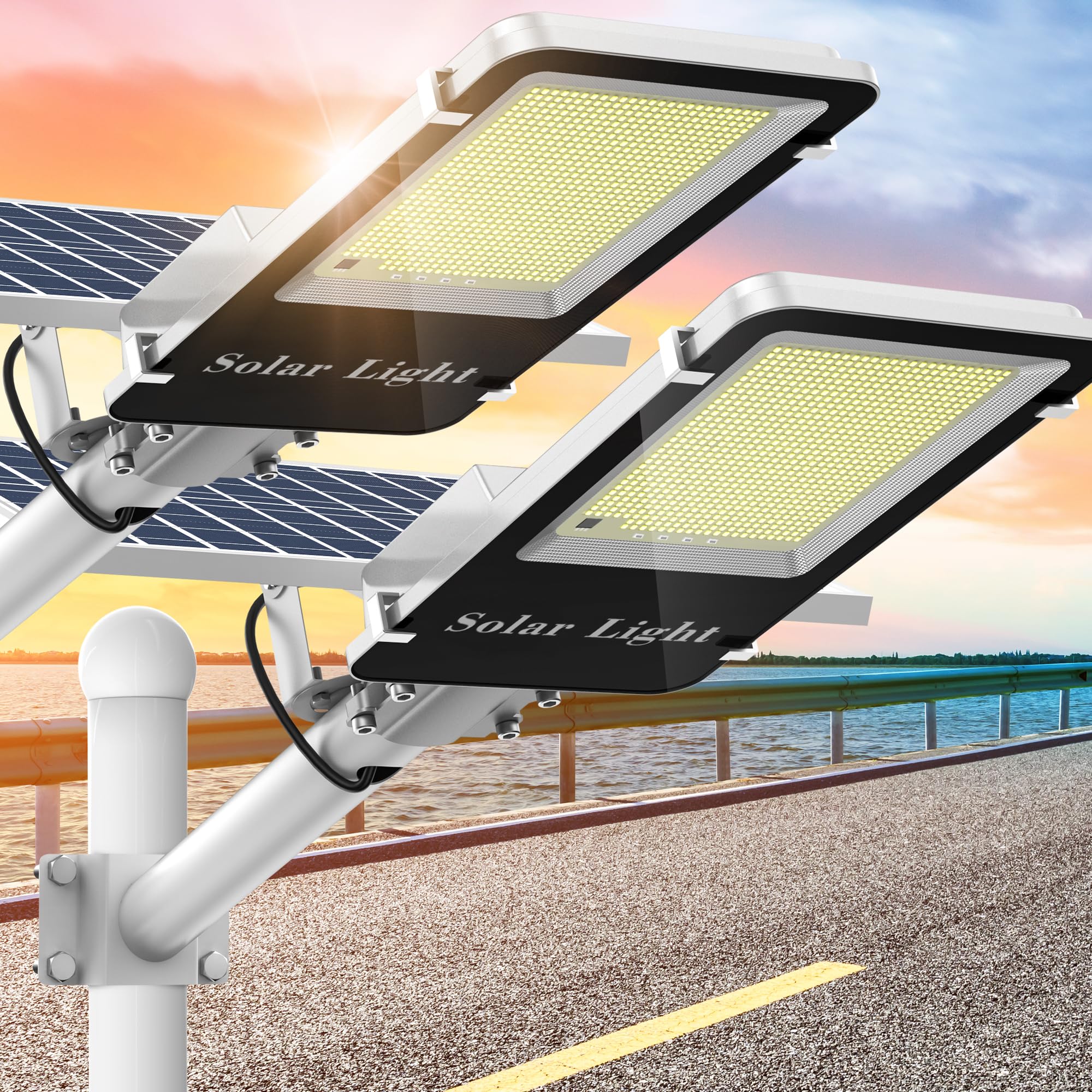 Solar Street Lights Outdoor - 3000W LED Solar Street Light - High Brightness Solar Parking Lot Lights - IP66 Waterproof Solar Lights, Ideal for Rural, Yard, Campus(2 Pack)