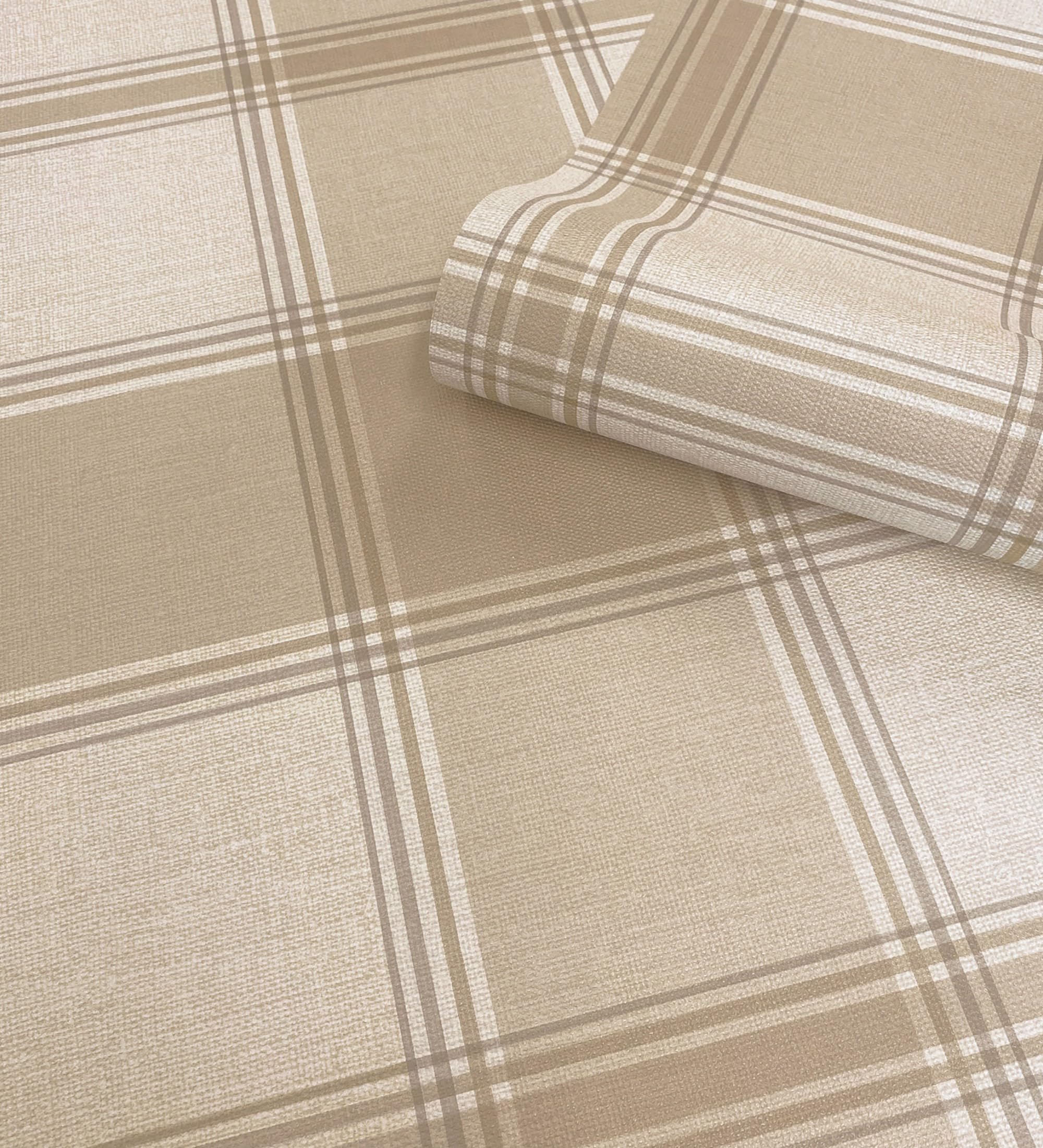 GAULAN 683398 - Papel pintado vinílico de cuadros escoceses con efecto lino en relieve color beige para pared salón cocina dormitorio pasillo mueble - Rollo de 10 m x 0,53 m