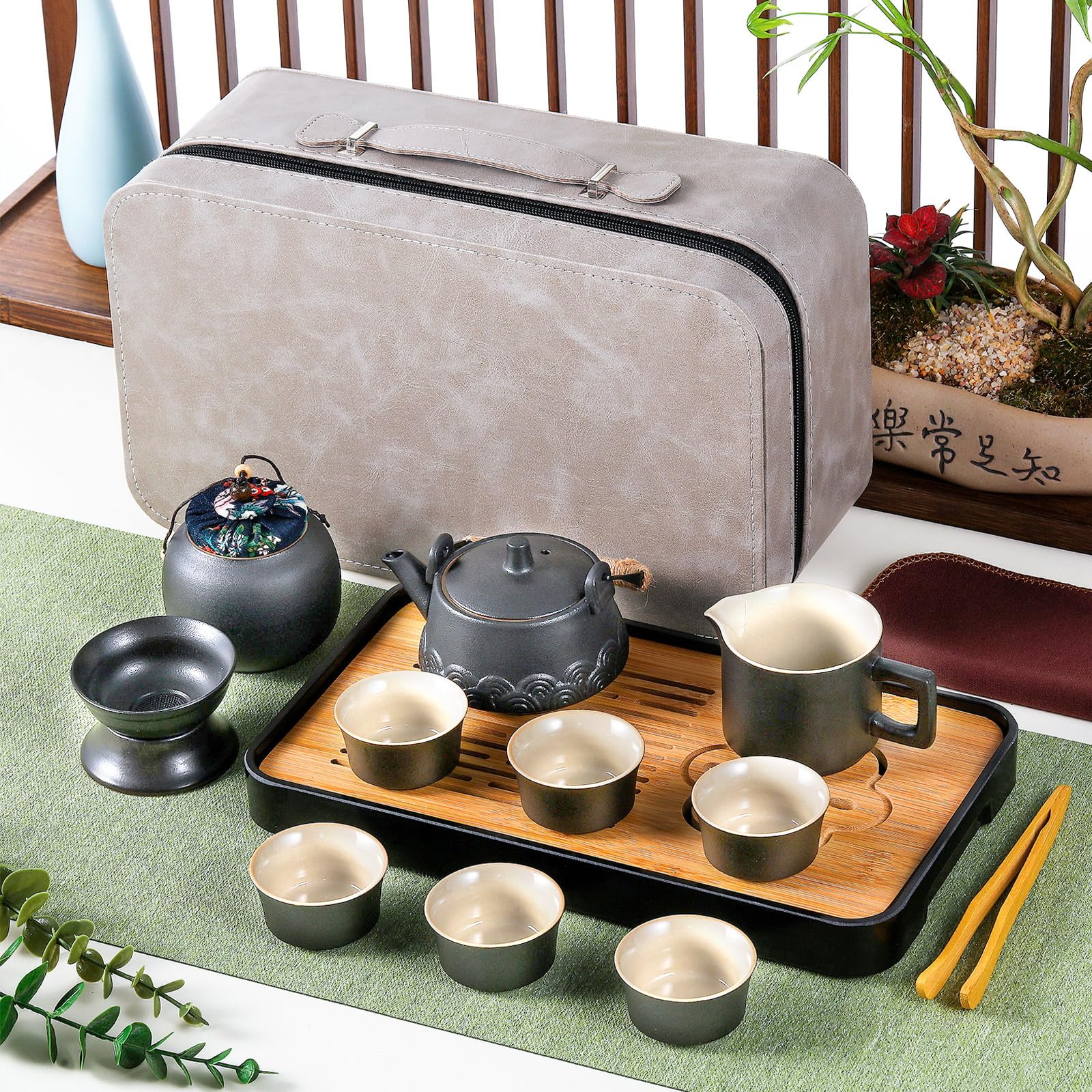13 Pcs Chinese Tea Set Gongfu Tea Set Portable Ceramic Asian Tea Set for Adults with Teapot Grey Leather Case Bag Travel Tea Set Gift for Home, Outdoor, Teacher Graduation Ceremony Gifts