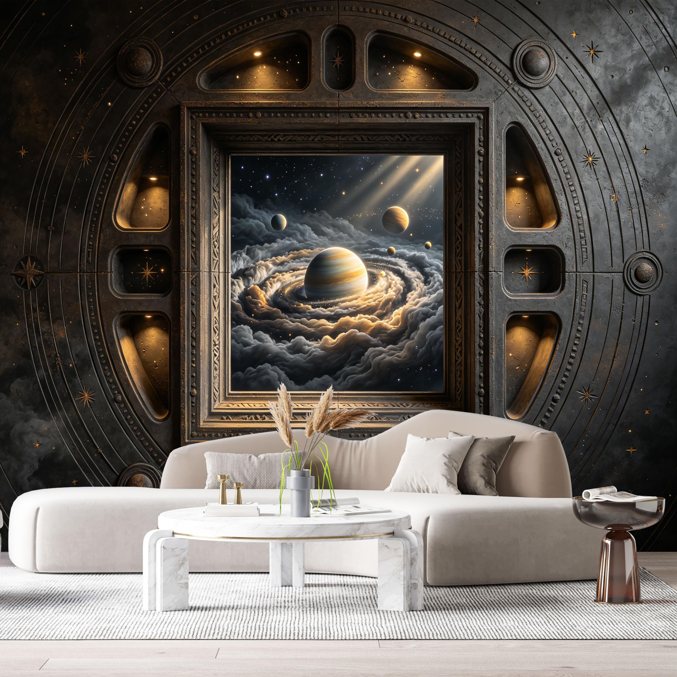 Custom Size Wall Murals Sci-Fi Fantasy Planet Starry Sky Celestial Beams 3D Trompe L'Oeil SelfAdhesiveWall Fabric Removable Wallpaper Wall Decor for Living Room Bedroom Bathroom