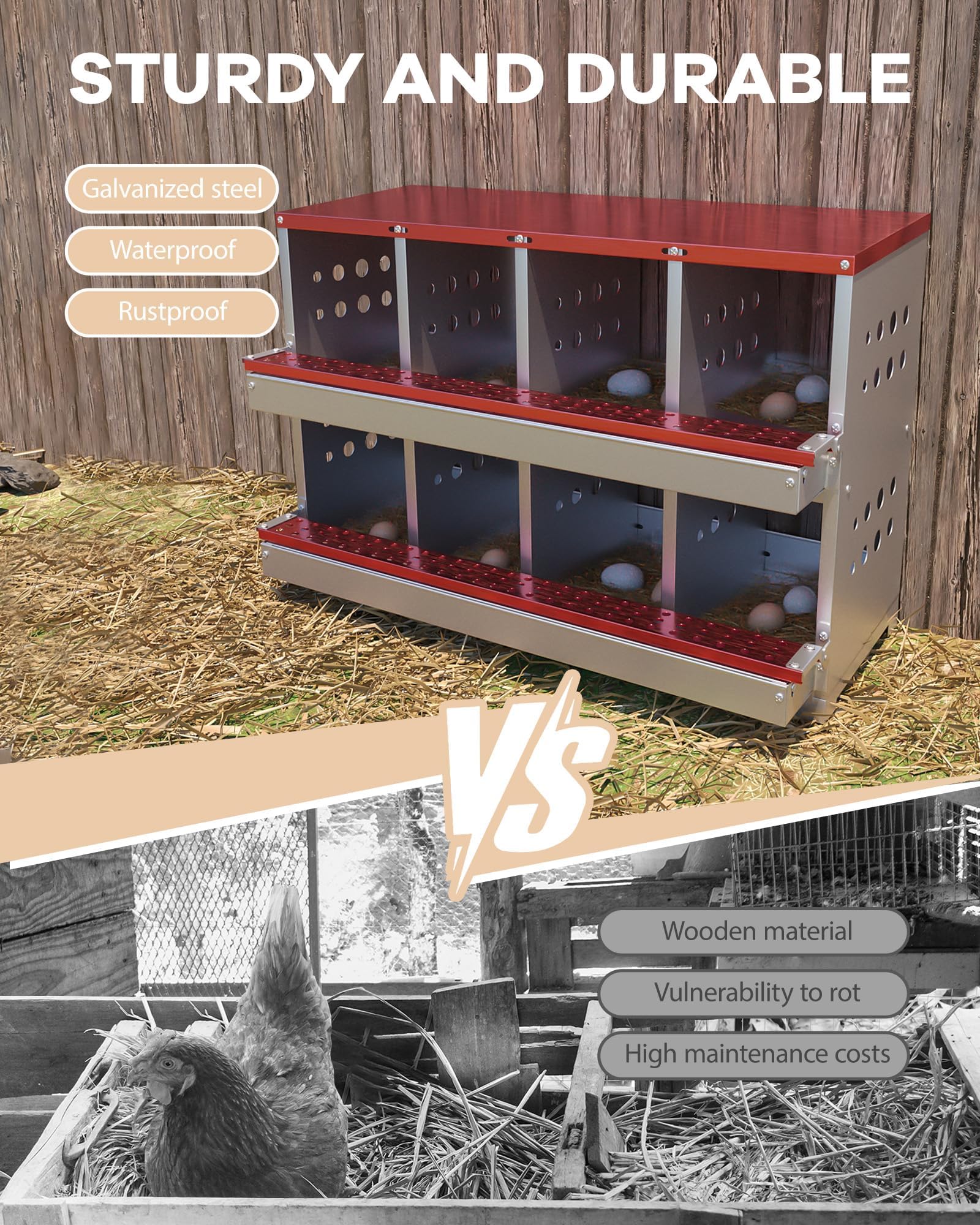 Ponedero para Gallinas de 8 Compartimentos, Nidal en Acero INOX de 2 Niveles, Ponedero Mural Enrollable Fácil de Limpiar, Nidal Resistente para Cría de Aves de Corral y Gallinas, Rojo