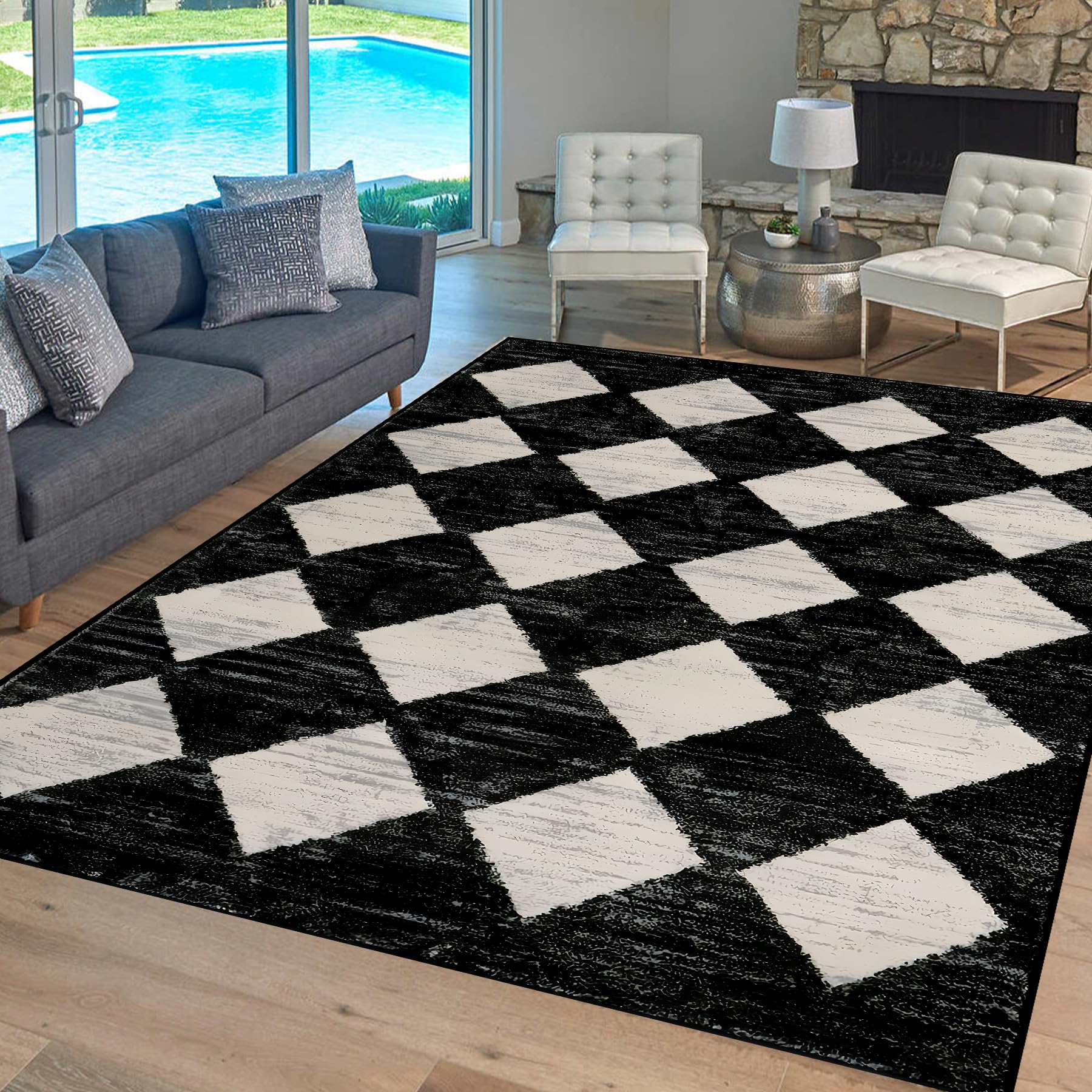 Spxxm Checkered Rug 5x7 Washable Black Non-Slip Soft Carpet for Bedroom Modern Playroom Boys Rugs for Bedroom,Large Carpet Rugs for Dining Room