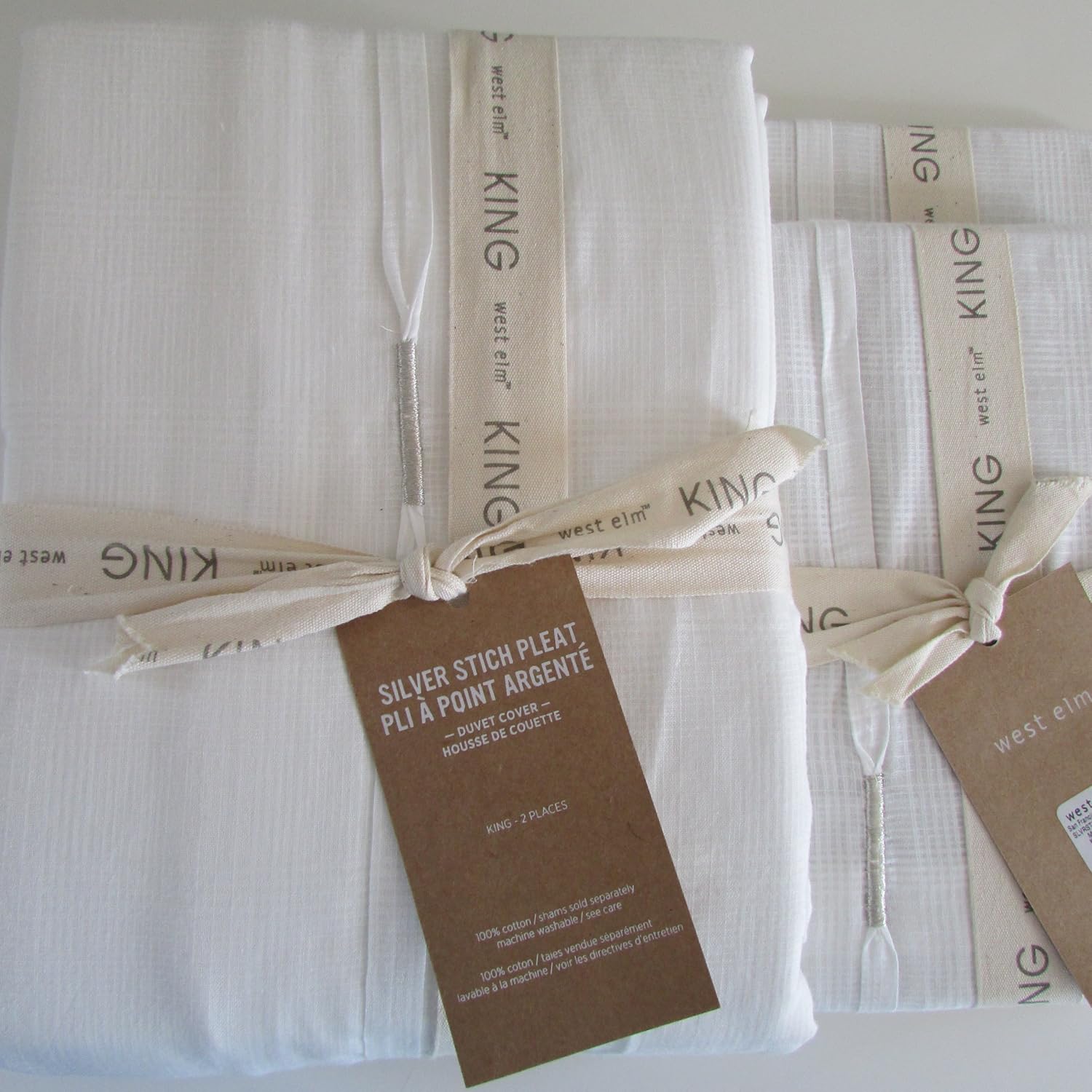 West Elm SILVER STITCH PLEAT Duvet Cover King & Two Euro Shams Stone