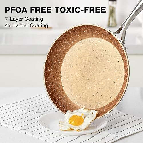 Miniatura 2 de HLAFRG Sartén antiadherente de 10 pulgadas con tapa, sartén de mármol con revestimiento derivado de la piedra, no tóxica sin APEO ni PFOA, con mango