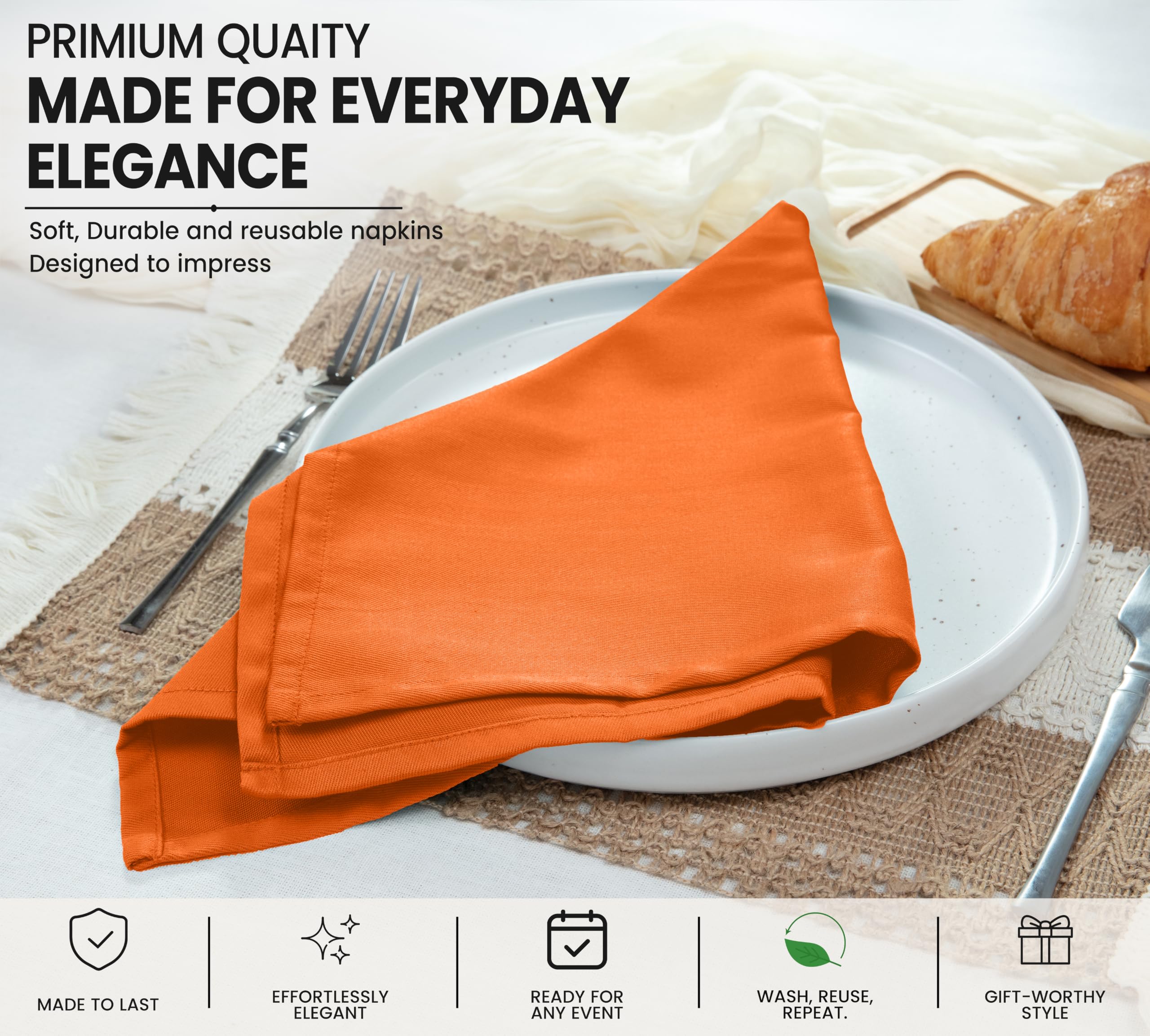 Ruvanti Lot de 12 serviettes de table en mélange de coton lavable, doux, durable, absorbant, 45,7 x 45,7 cm, pour Thanksgiving, dîners d'Halloween, orange (Fall)