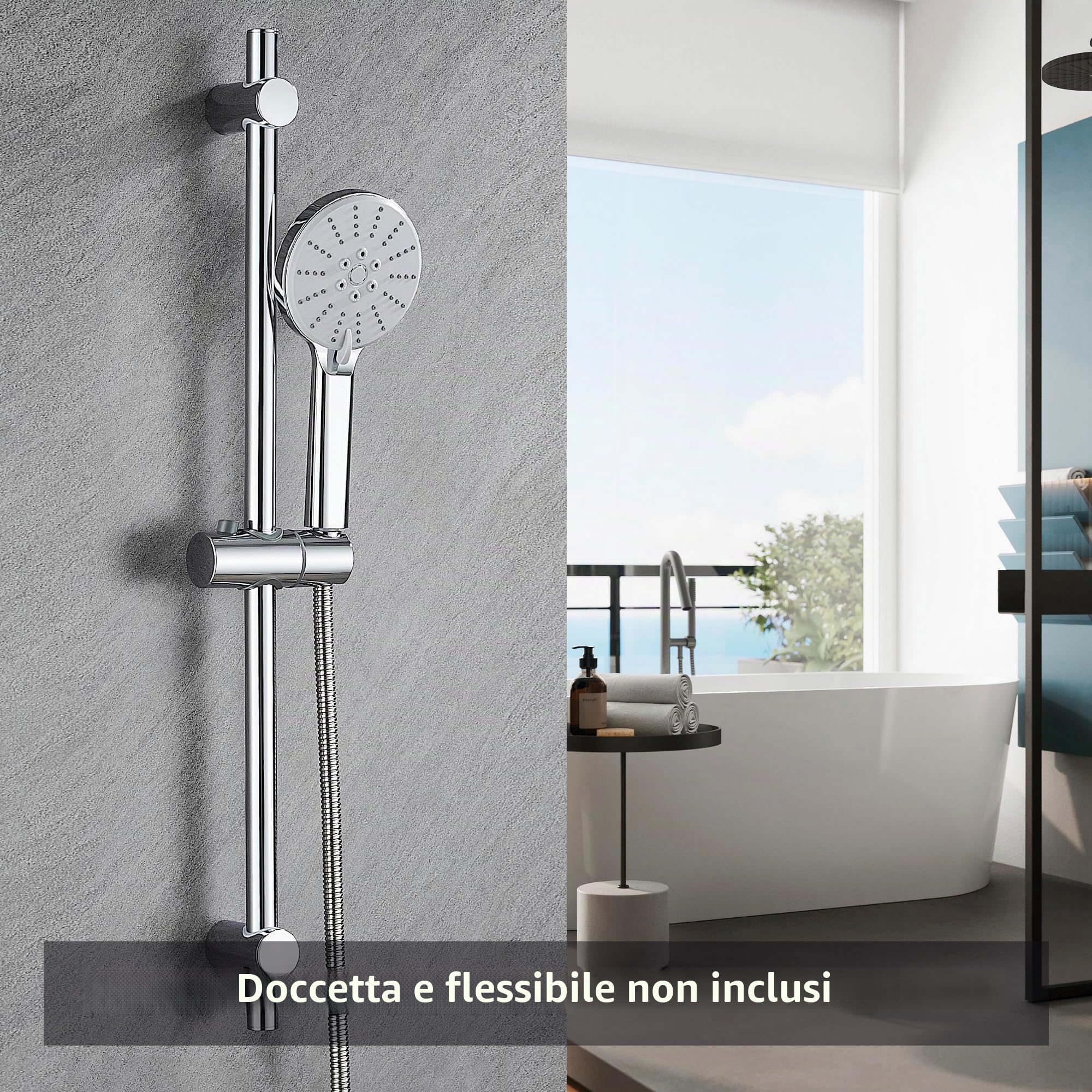 Saliscendi per Doccia Inox Asta Regolabile Kit con Supporto 68 x 2,2cm, Cromo