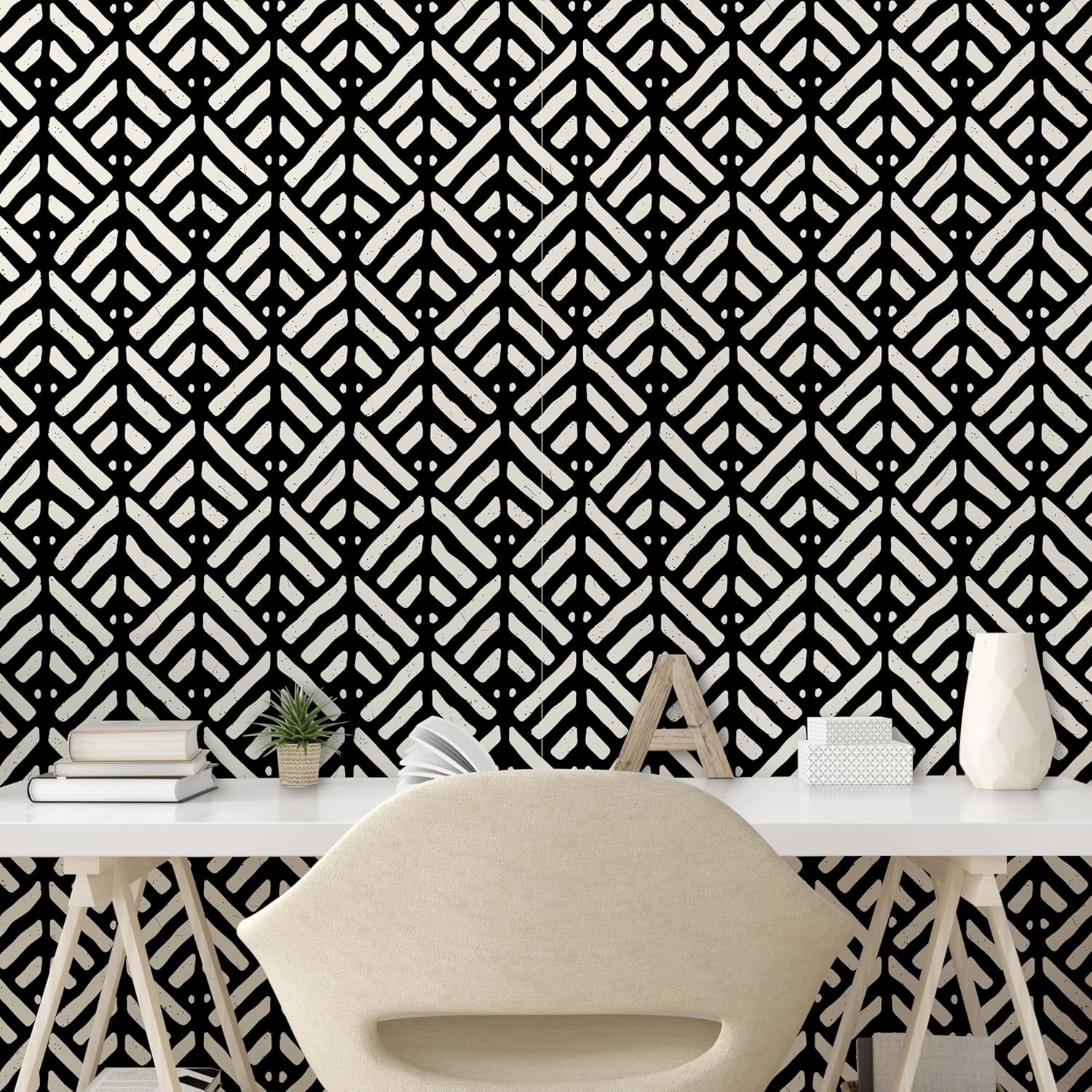 Ambesonne Black and White Peel & Stick Wallpaper for Home, Abstract Hand-Drawn Lines Retro Style with Grunge Effect Geometric Design, Self-Adhesive Living Room Kitchen Accent, 13" x 100", Black White