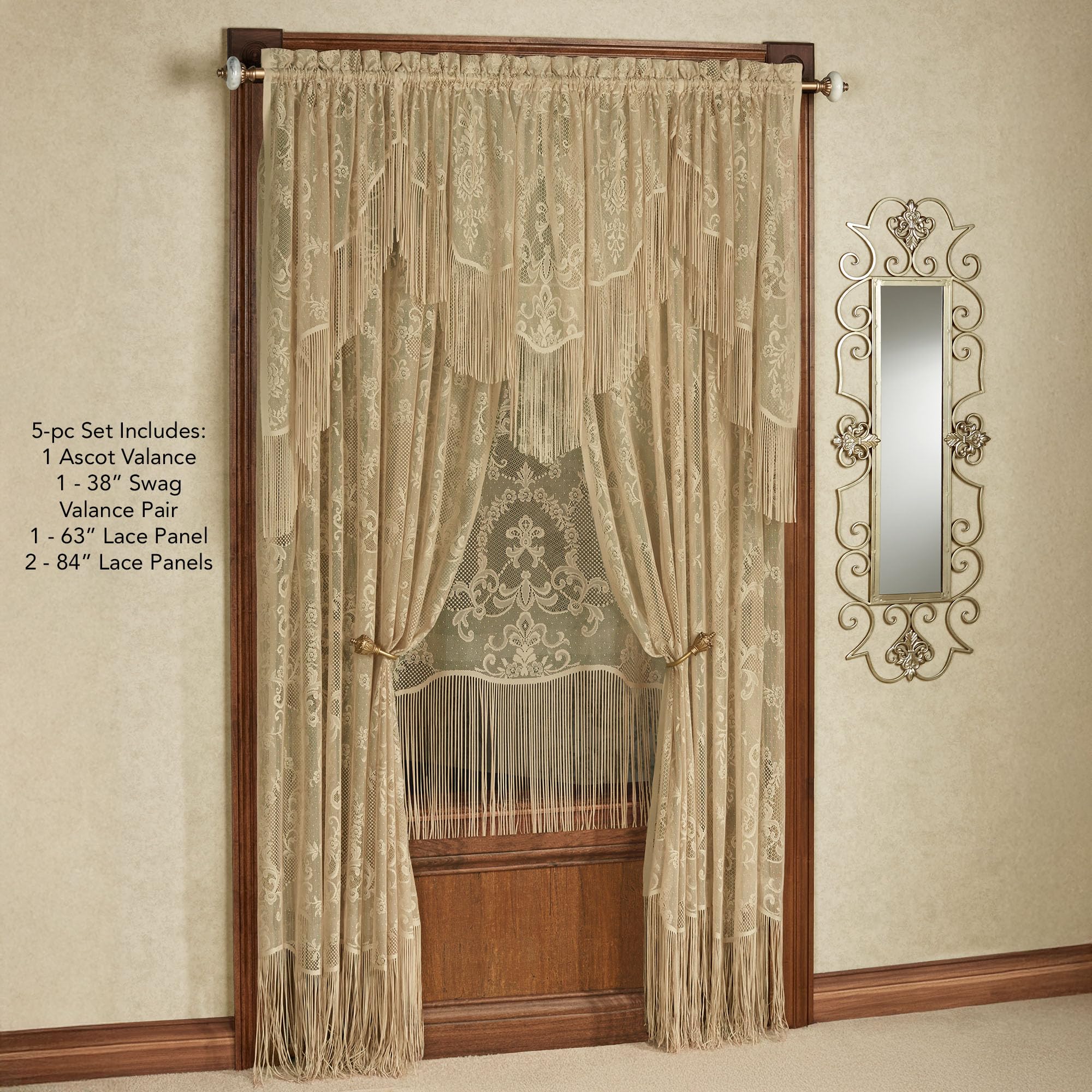 Touch of Class Catalina Window Treatment Embroidered Pieced Lined Seagrass Swag Set Curtain Pair and Swag Valance